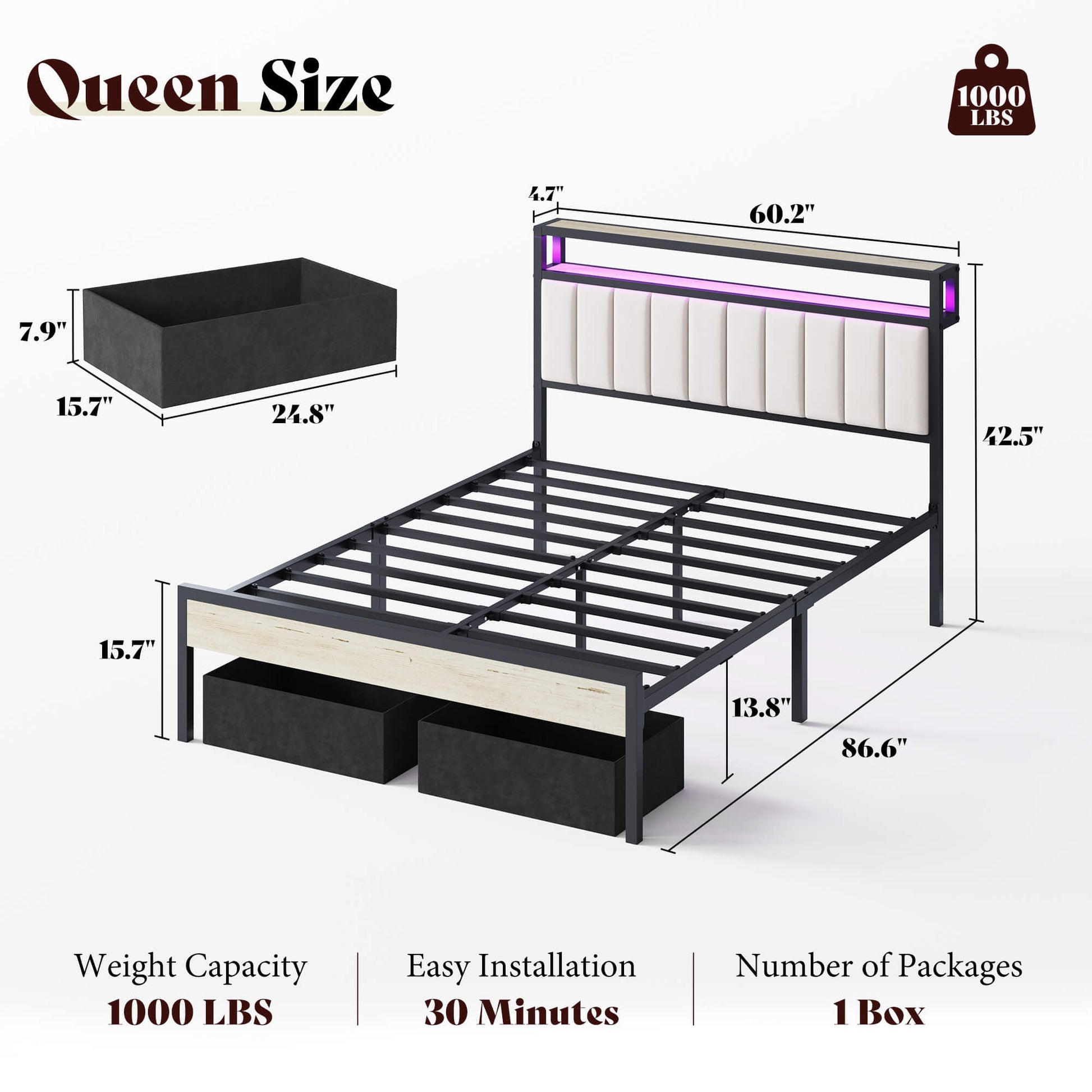 Veltrix LED Storage Velvet Bed Frame-White