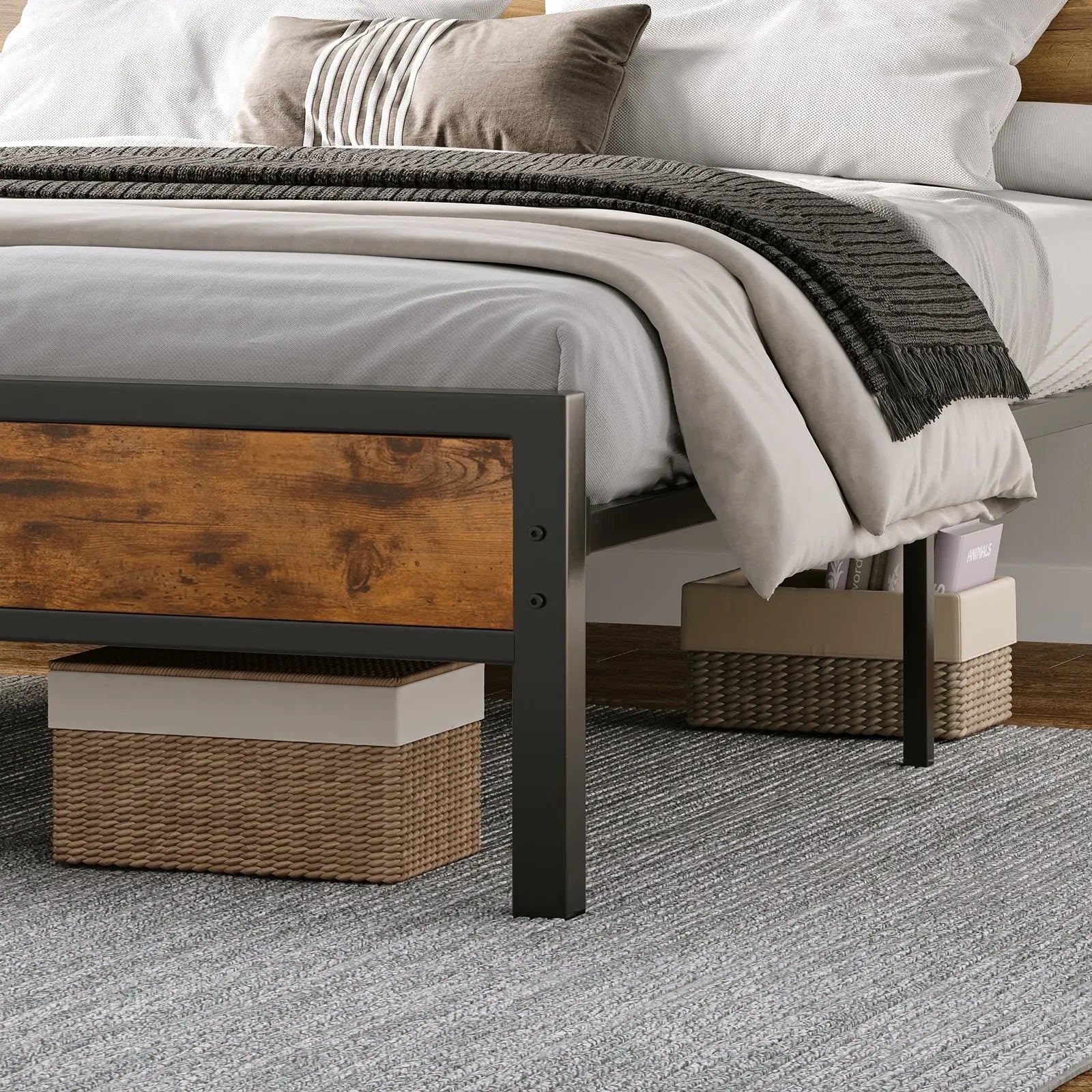 AMERLIFE Bradley Bed Frame Queen Size Noise Free Industrial Ironwood Platform Rustic Brown