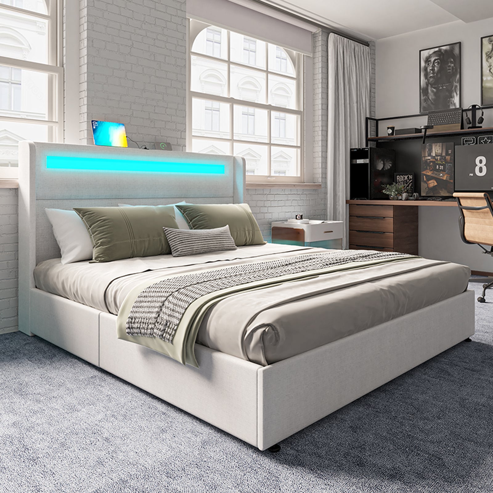 The albion king in cream in a loft style bedroom, the storage drawers are closed and the integrated rgb headboard is illuminated in blue