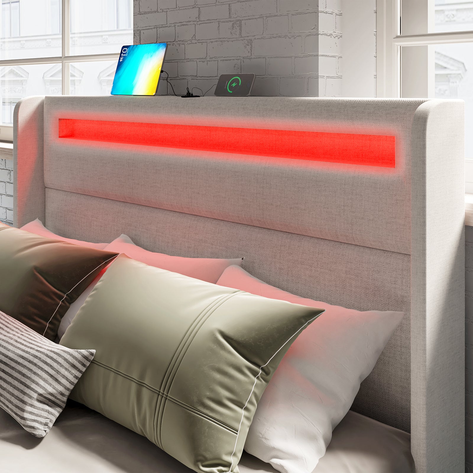 A close up of the cream colored albion king's integrated RGB headboard and device charging nook