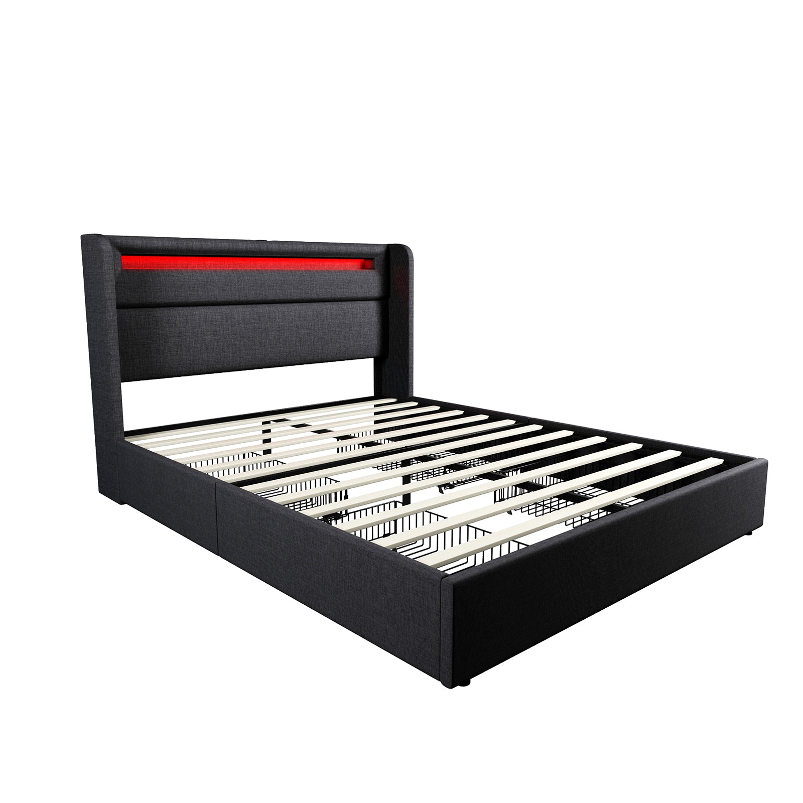 A side view of the Albion King in Dark Grey with visible mattress slats and the integrated LED headboard illuminated in red