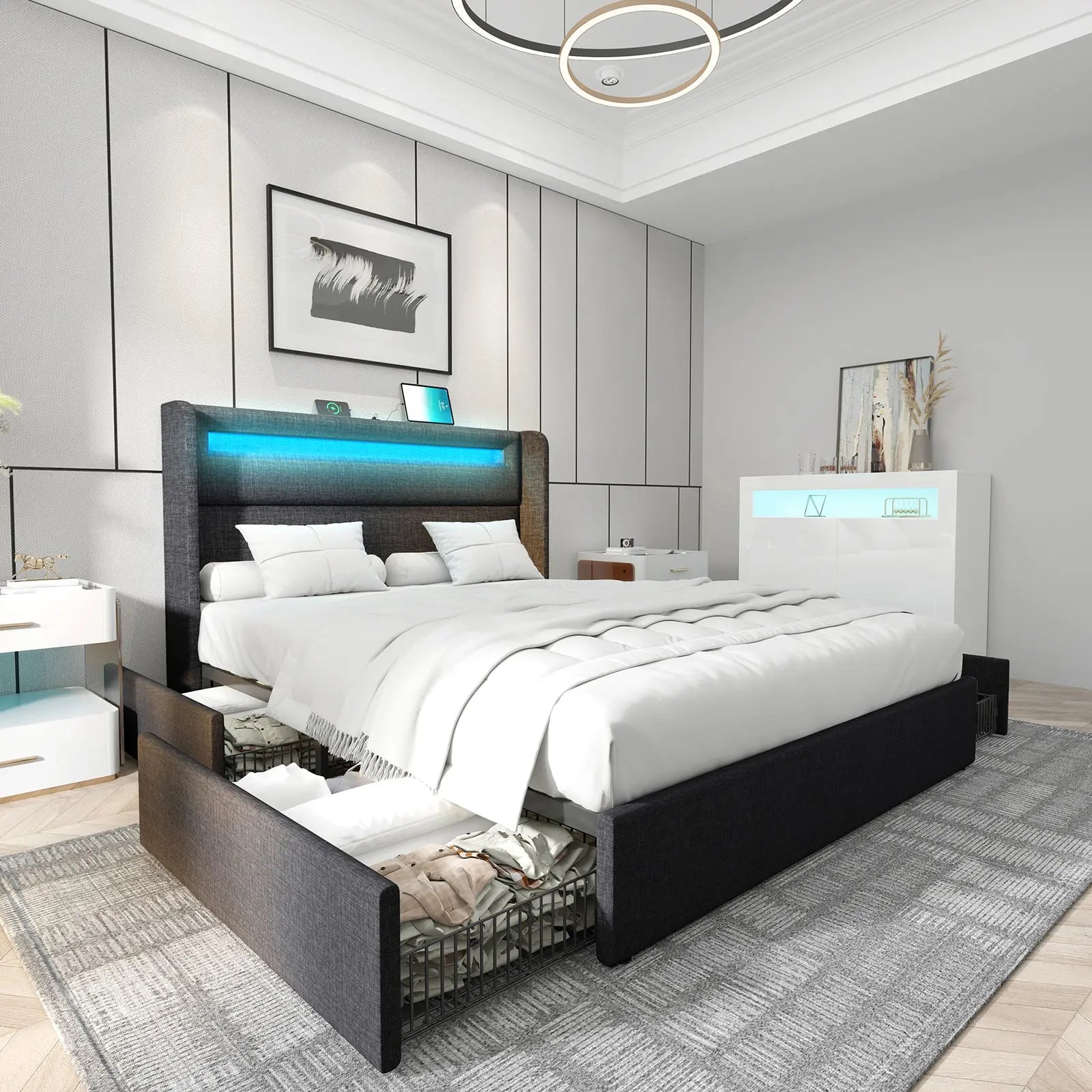 AMERLIFE Albion Bed Frame King Size Upholstered Smart Platform Storage Light Grey