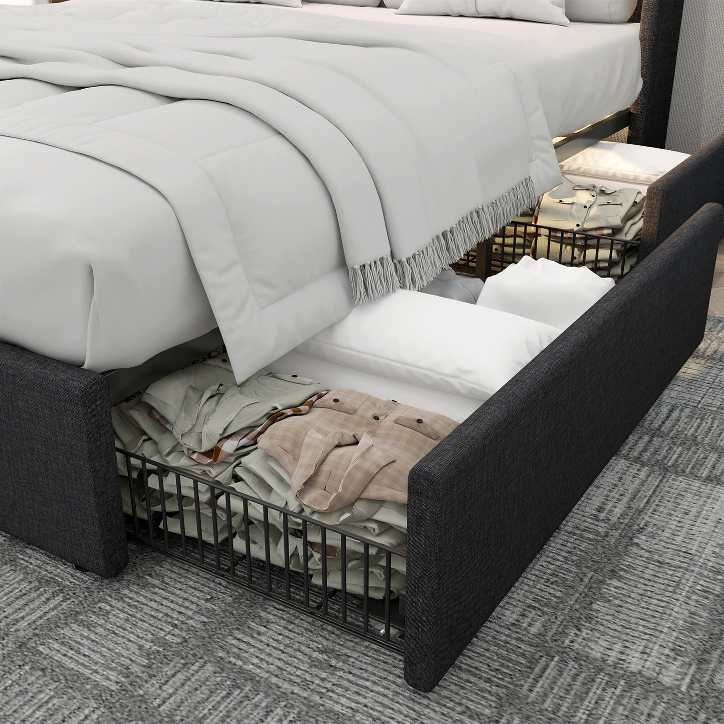 A close up view of two integrated storage drawers in the king sized albion bed frame