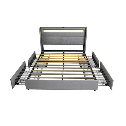 The king sized albion bed frame in light grey on a white background. The wooden mattress slats are clearly visible, as are the open integrated storage drawers