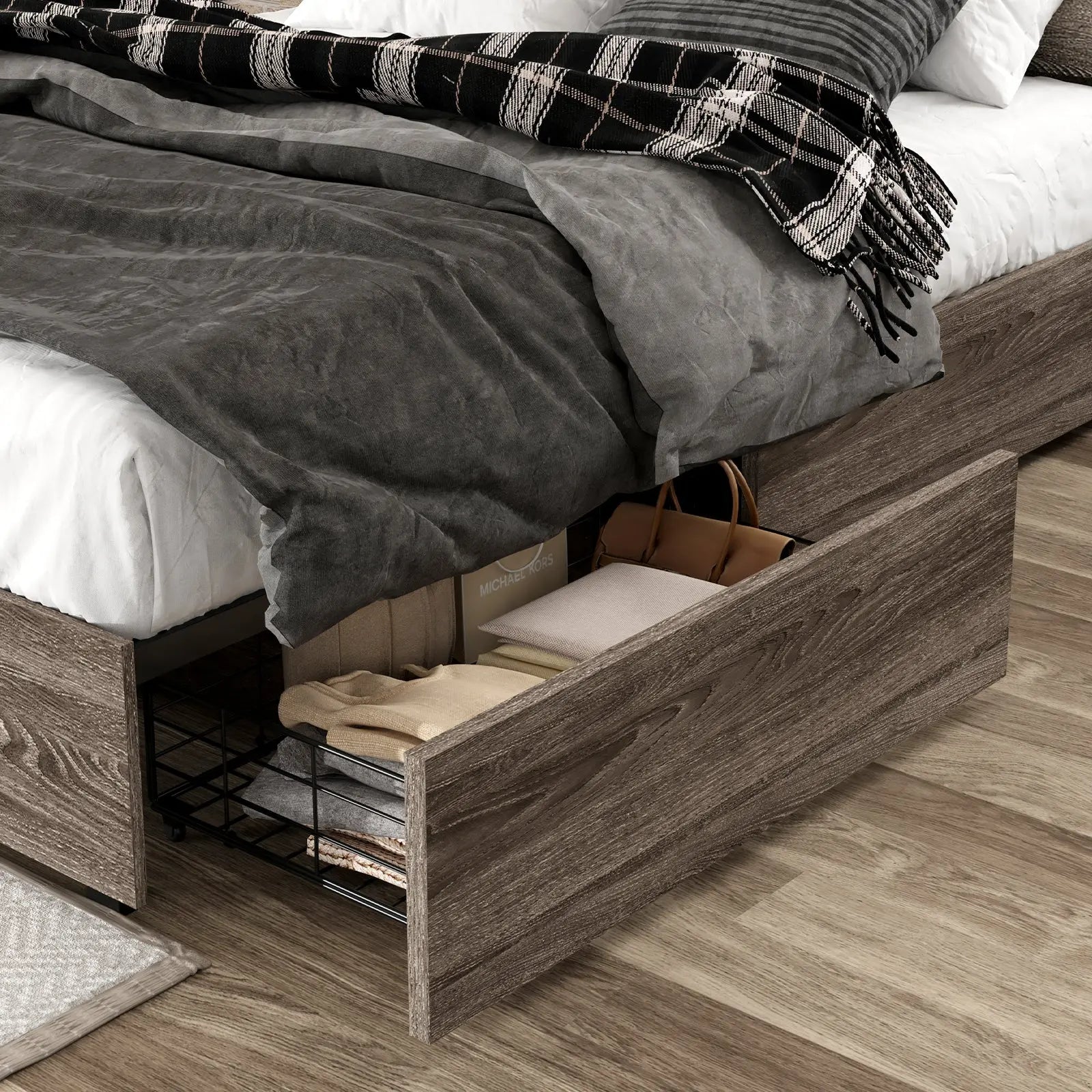 Amerlife Camden Bed Frame Full Size Ironwood Storage 51.2 Storage Bookcase Headboard