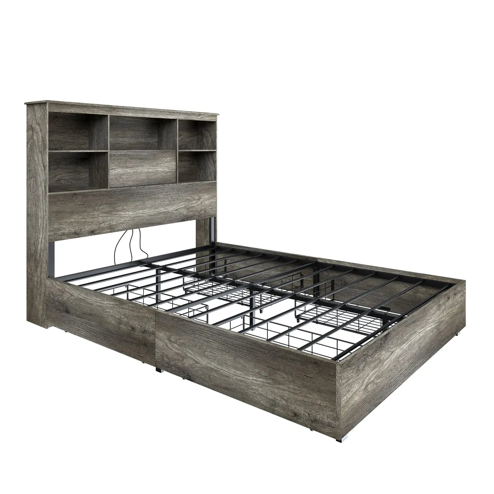 AMERLIFE Camden Bed Frame Full Size Ironwood Storage 51.2 Storage Bookcase Headboard Rustic Grey