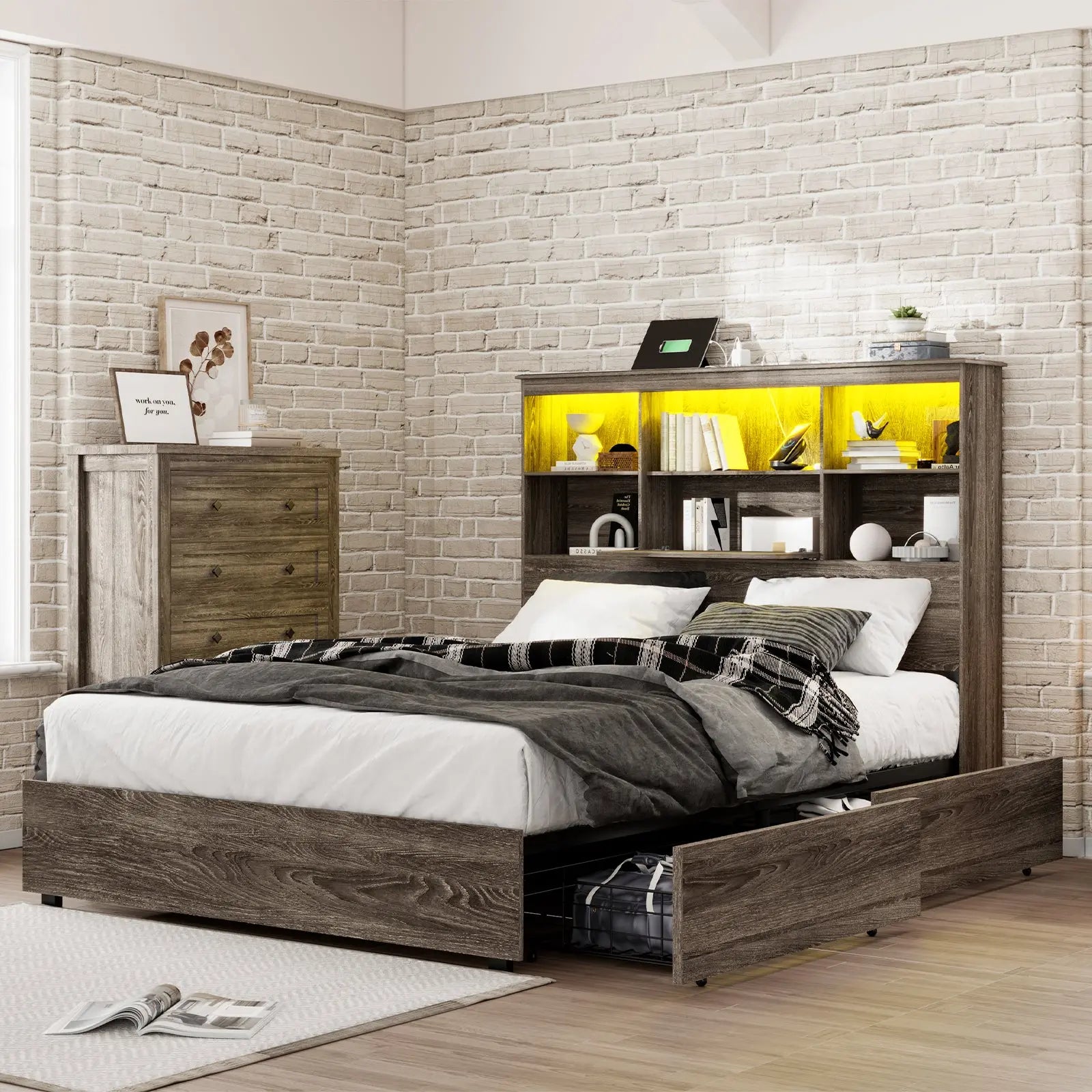 Grey full size bed frame with headboard top