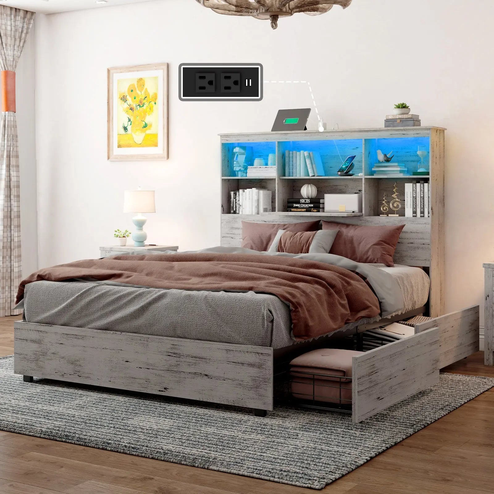 AMERLIFE Camden Bed Frame Full Size Ironwood Storage 51.2 Storage Bookcase Headboard Rustic Grey