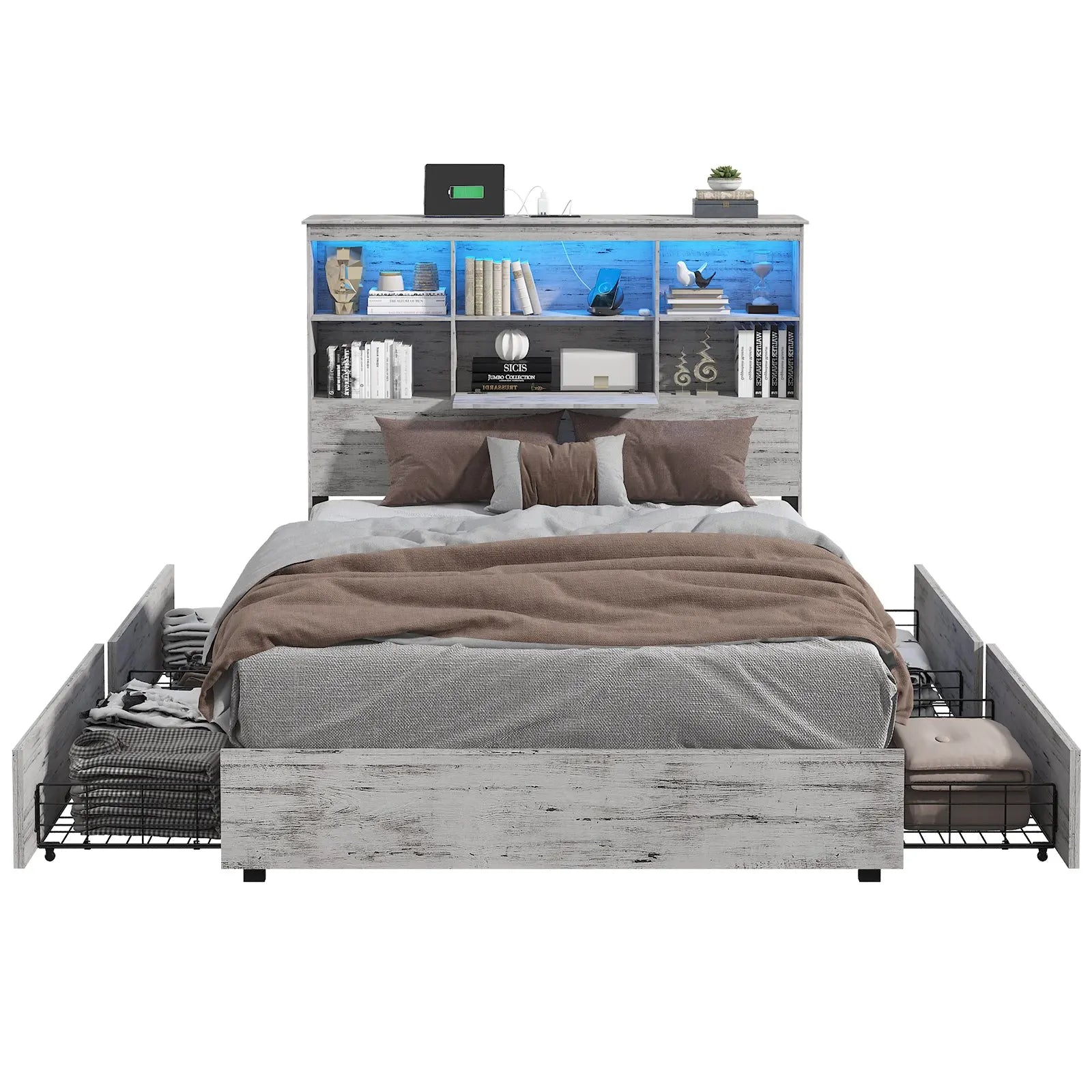 AMERLIFE Camden Bed Frame King Size Ironwood Storage 51.2 Storage Bookcase Headboard Distressed White