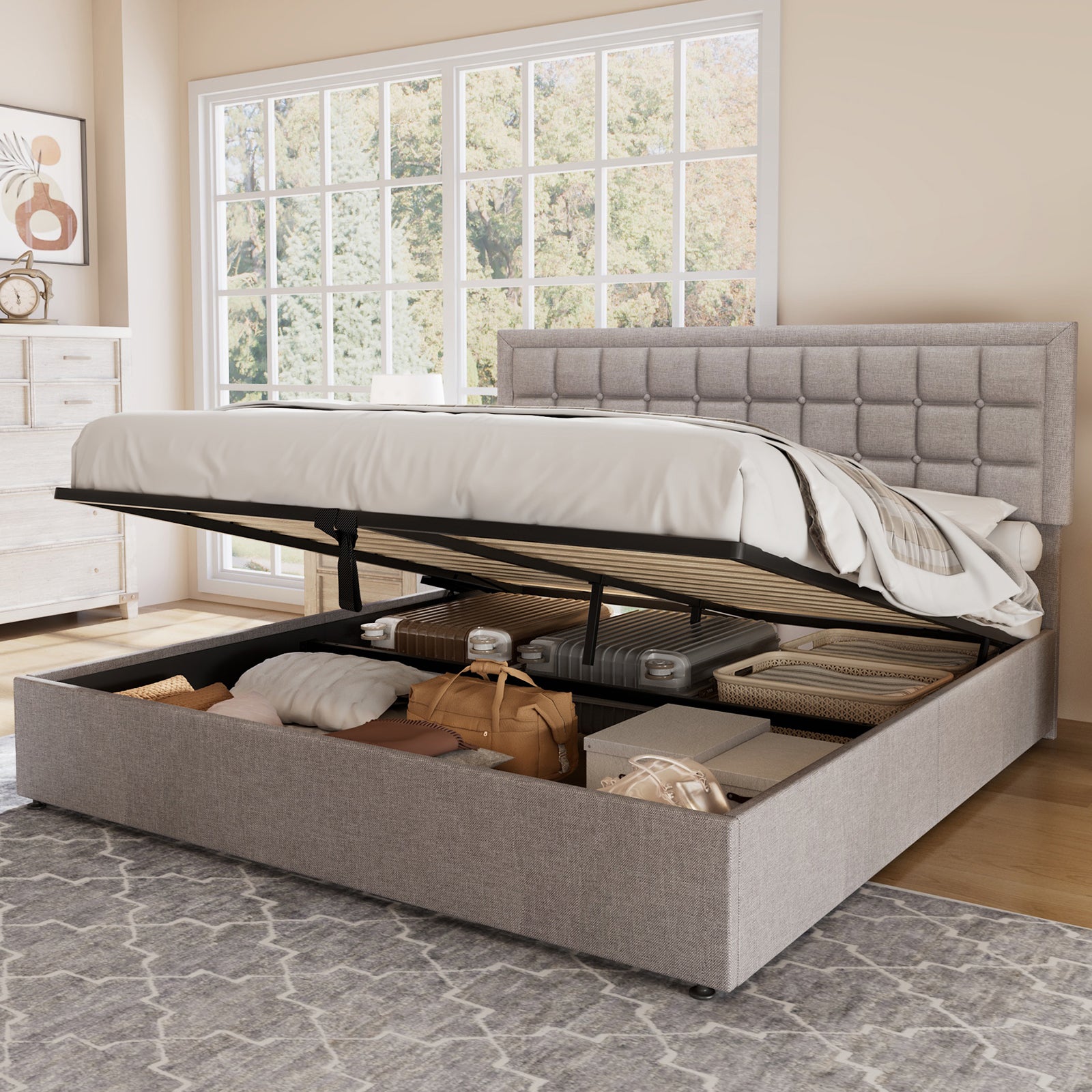 Amerlife Burton Storage Bed Frame Queen Size Lift Up Upholstered