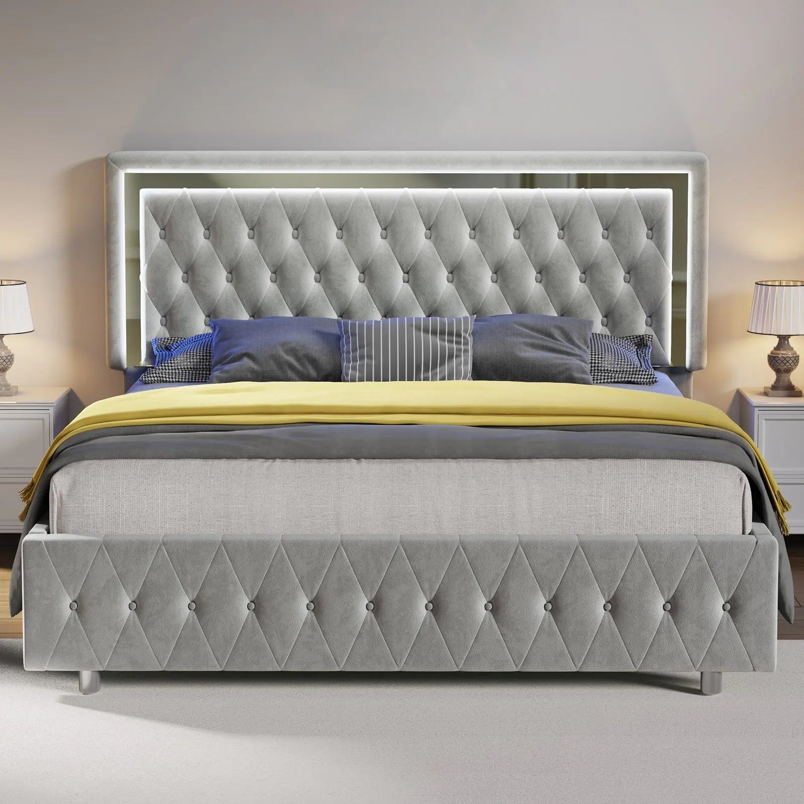 Amerlife Hues Bed Frame Velvet Upholstered LED Lights Platform Bed No Box Spring Needed