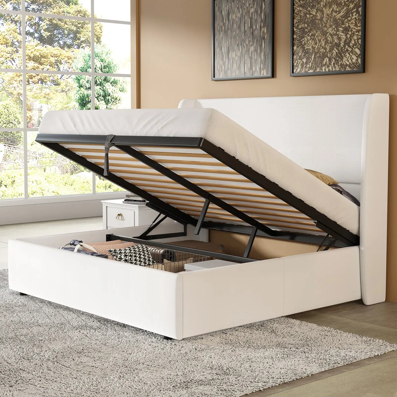Amerlife Slate Bed Frame Modern Upholstered Platform Lift Up Storage Bed