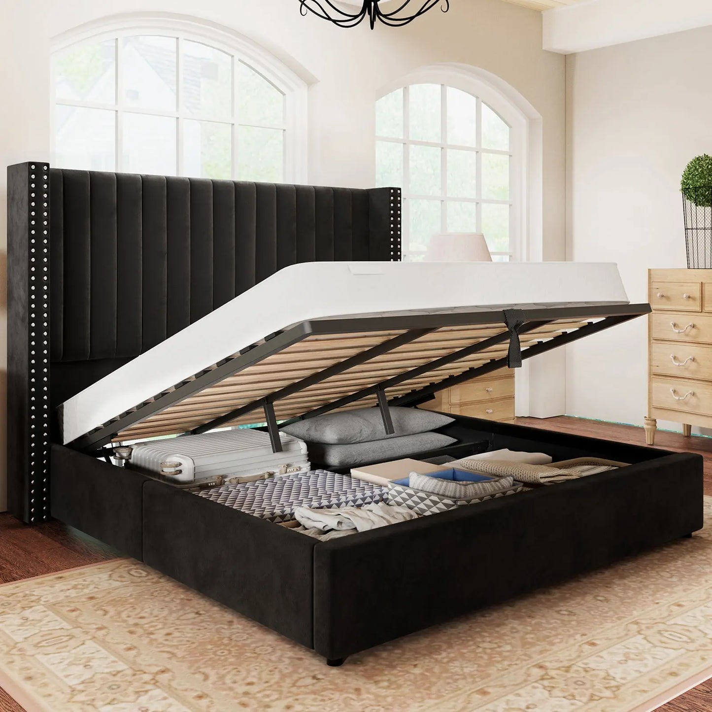 King / Black black upholstered king bed with storage