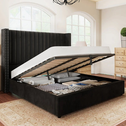 King / Black black upholstered king bed with storage