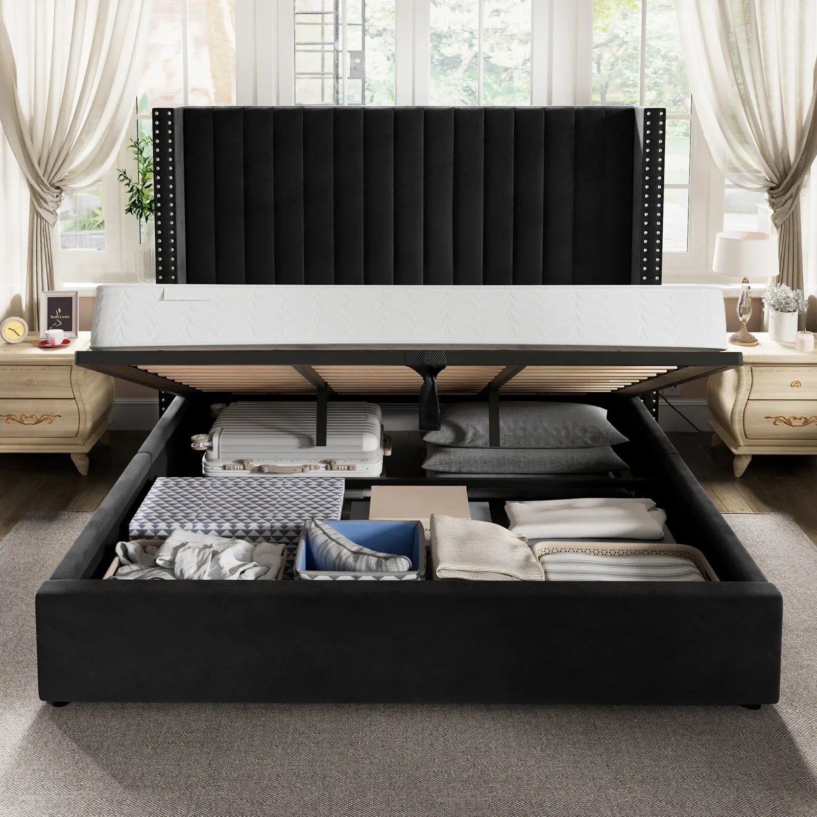 King / Black black upholstered king bed with storage