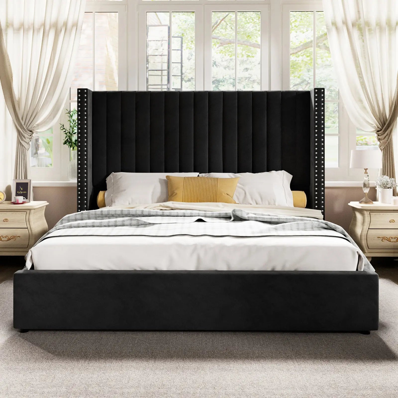 King / Black black upholstered king bed with storage