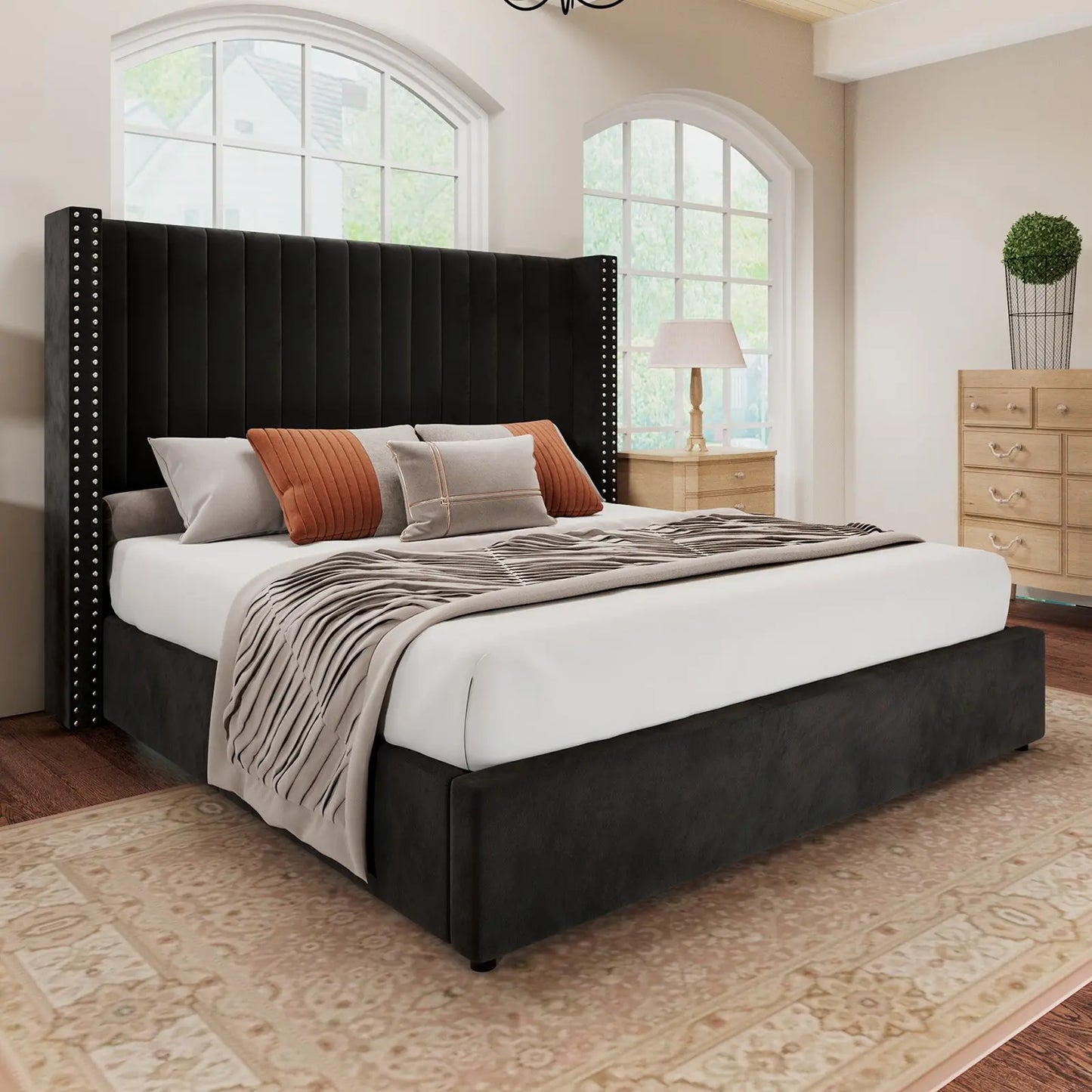 King / Black black upholstered king bed with storage