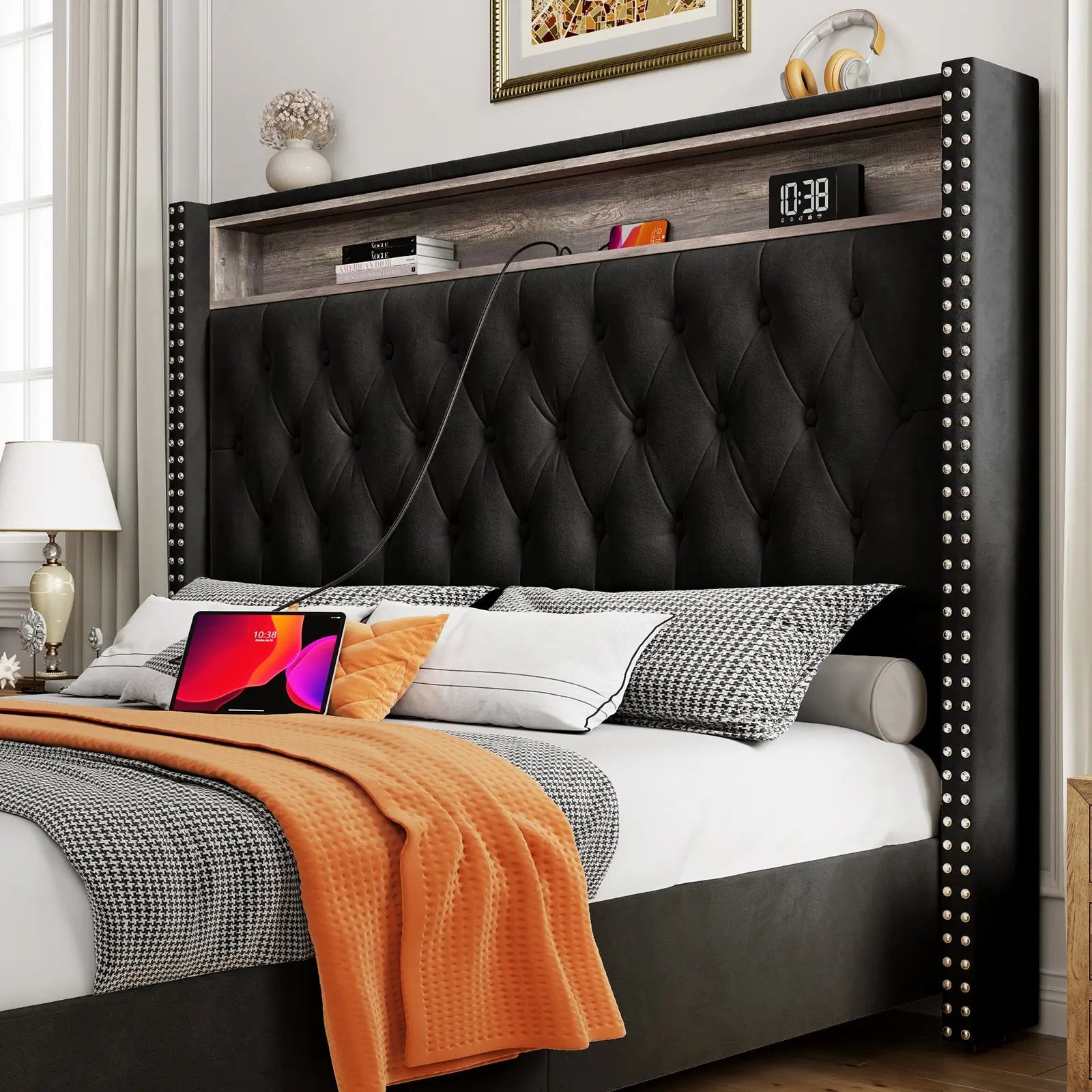 AMERLIFE Hall Bed Frame LED Upholstered Bed Frame with Headboard Storage Motion Activated Night Light King Black
