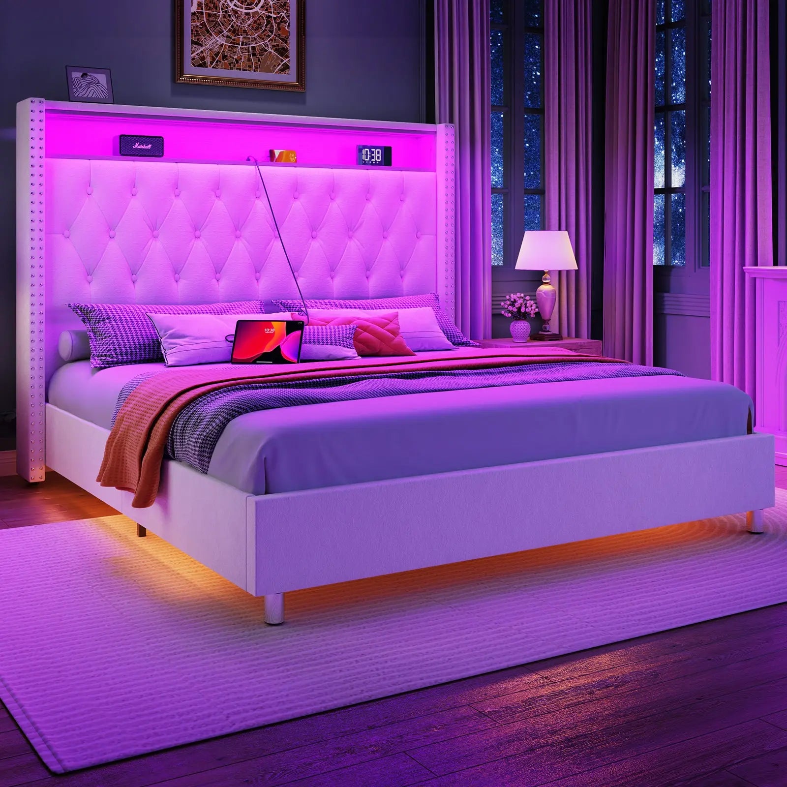 AMERLIFE Hall Bed Frame LED Upholstered Bed Frame with Headboard Storage Motion Activated Night Light Queen Cream