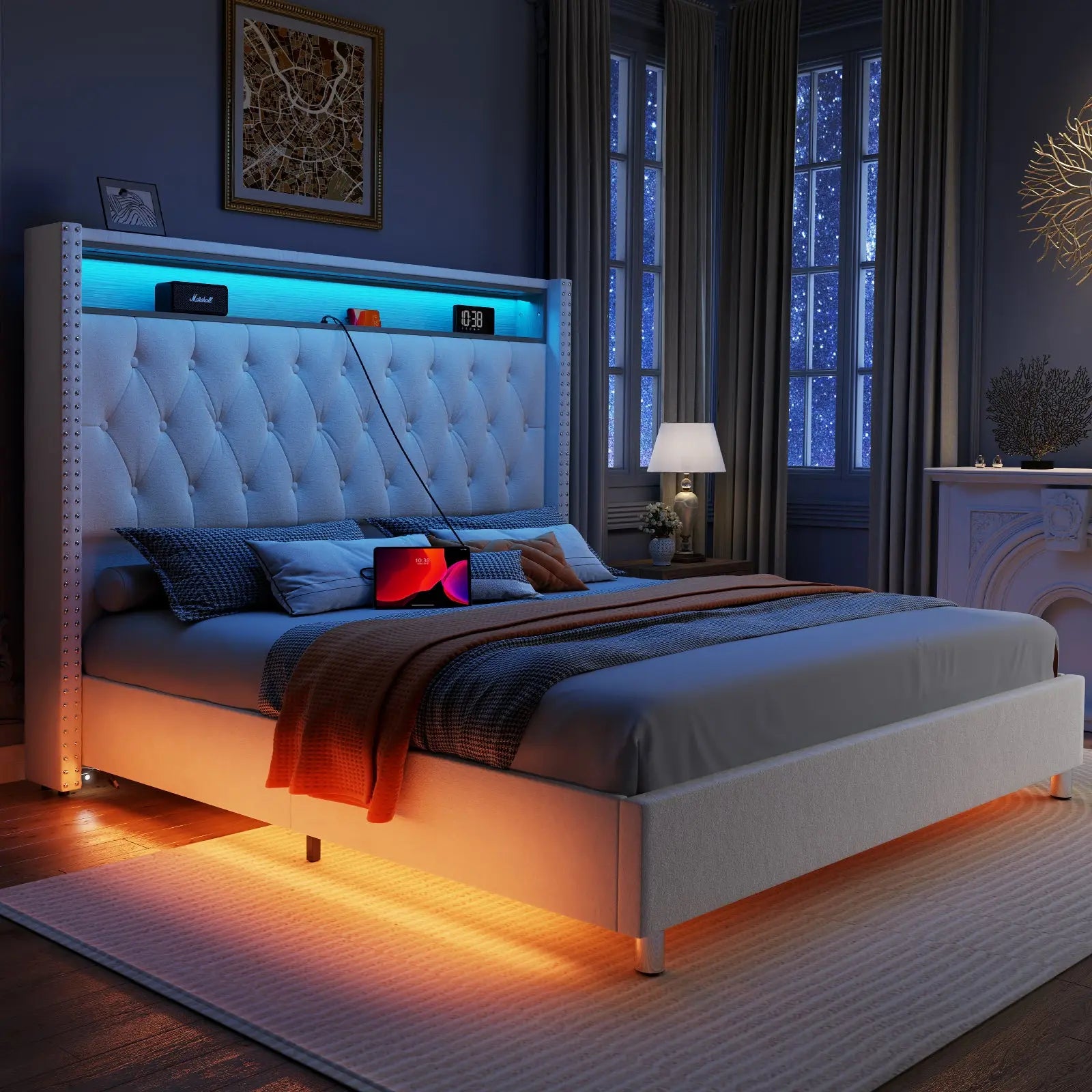 AMERLIFE Hall Bed Frame LED Upholstered Bed Frame with Headboard Storage Motion Activated Night Light Queen Cream