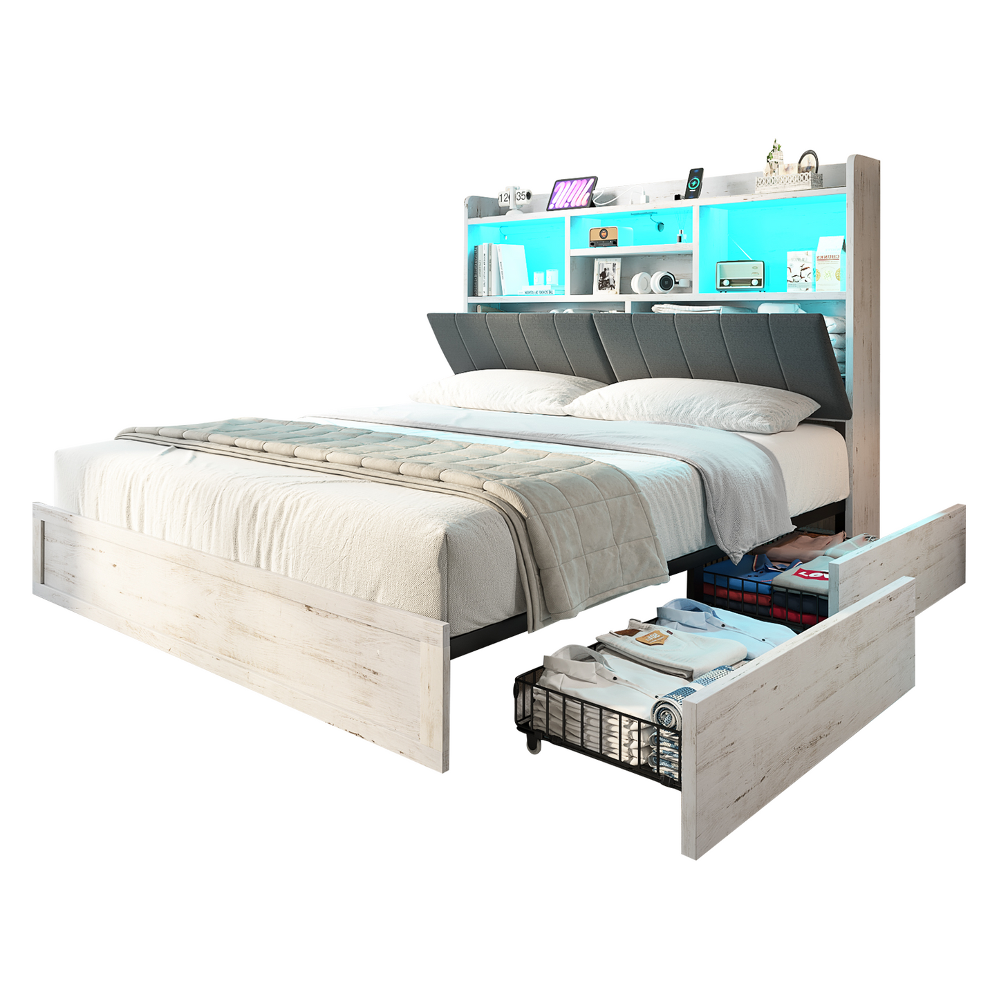 Radcliffe LED Storage Bed Frame - King / Rustic White