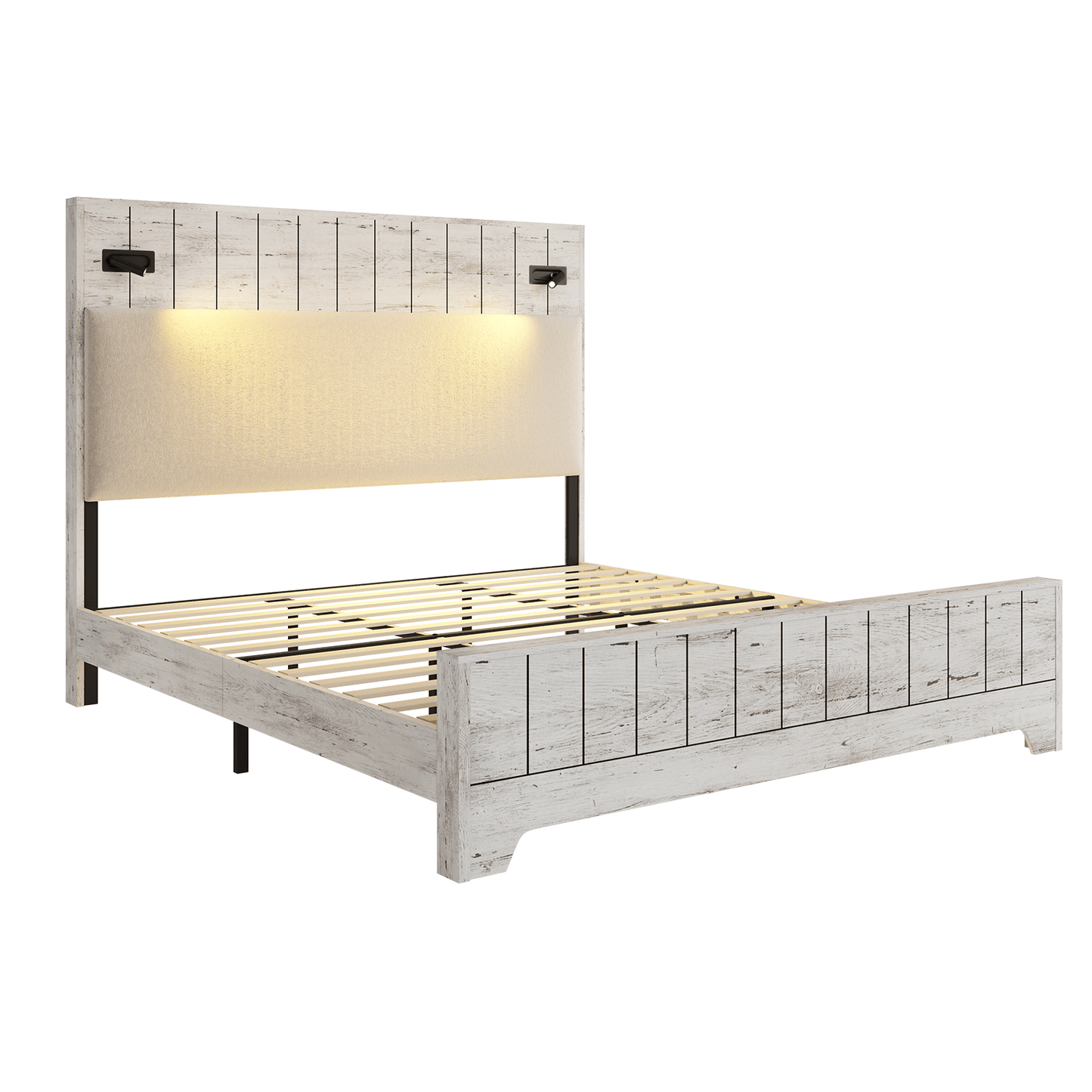 Edison Bed Frame with Reading Lights - Pale White