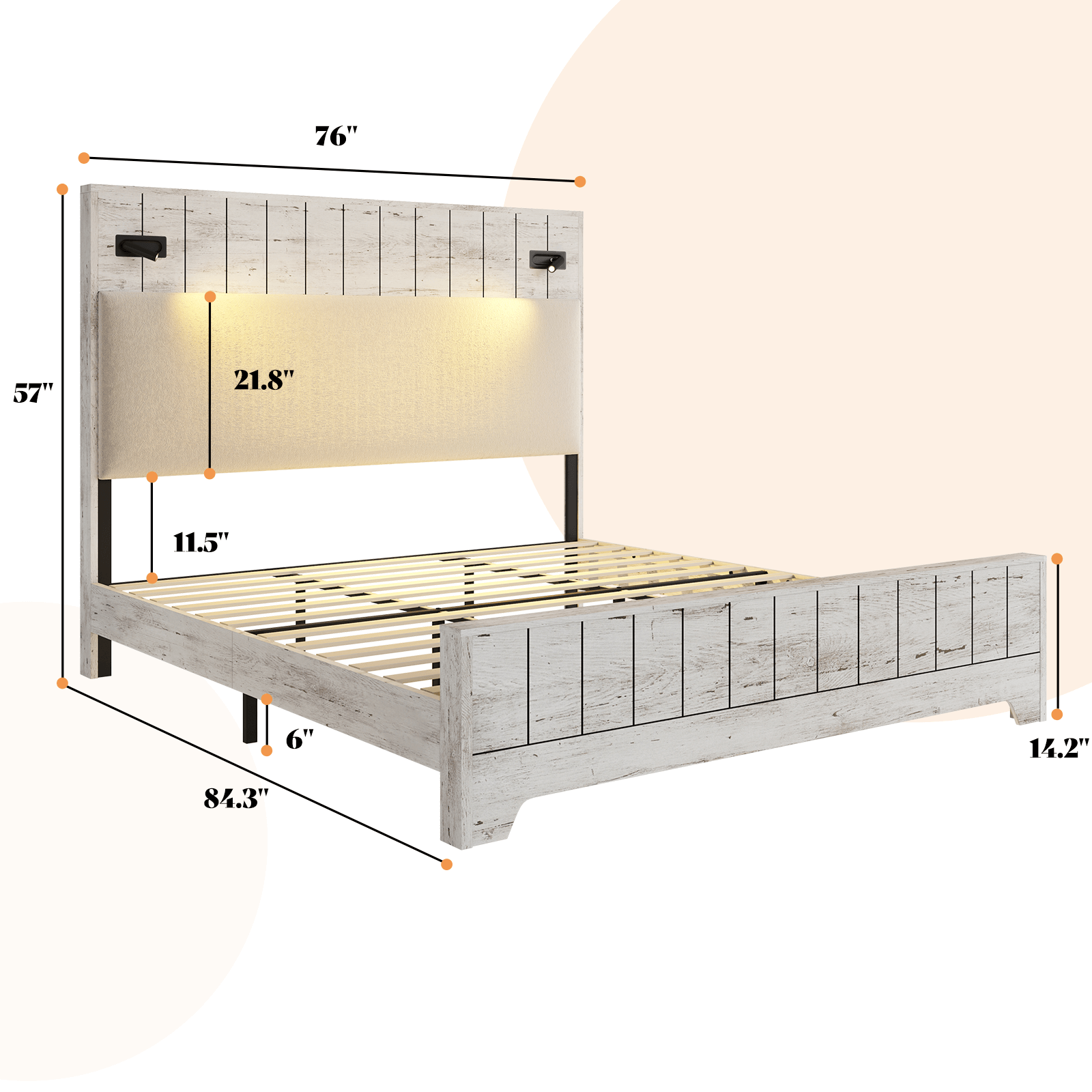 Edison Bed Frame with Reading Lights - Pale White