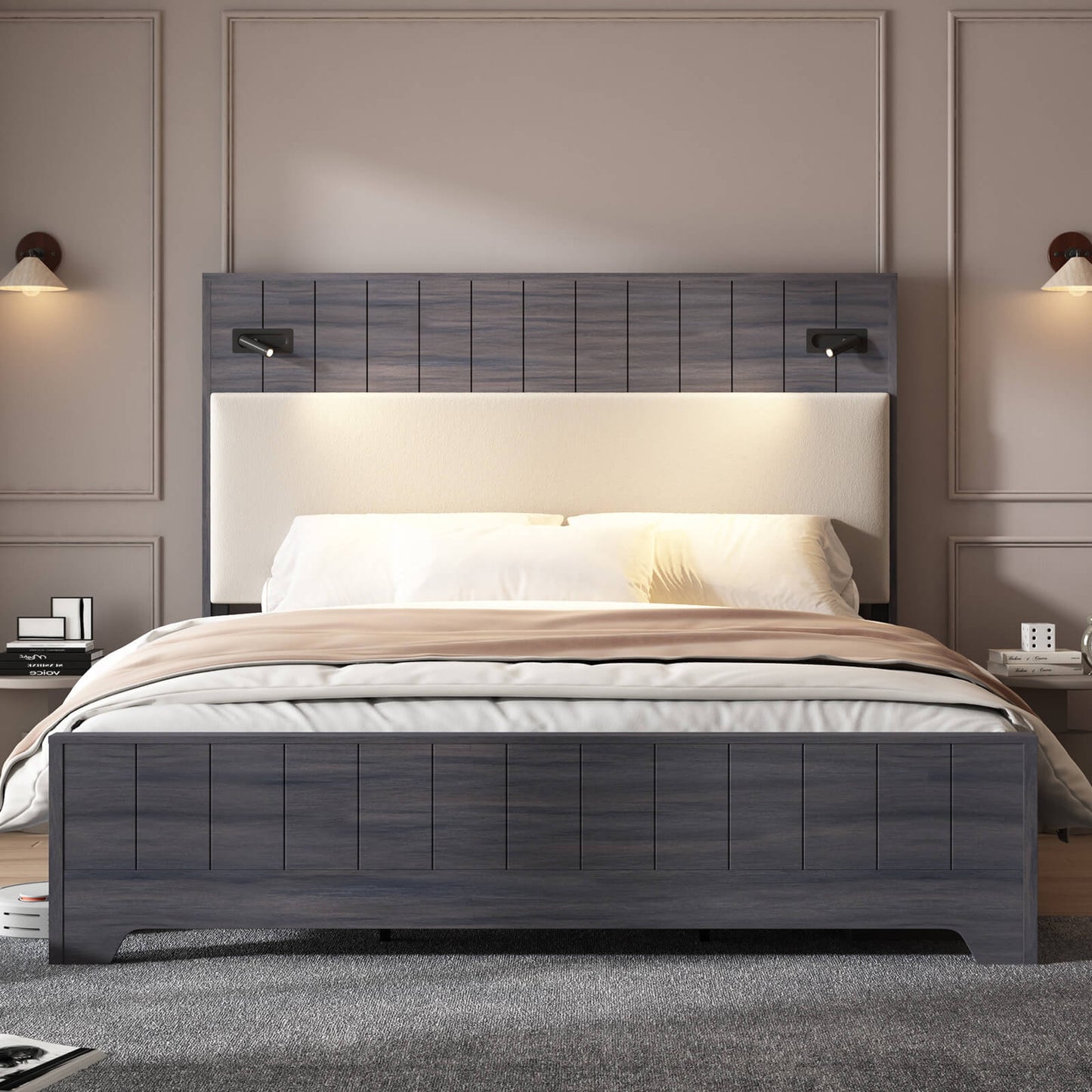 Edison Bed Frame with Reading Lights - Smoky Grey