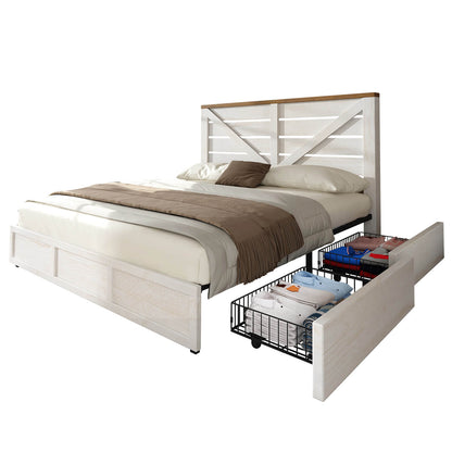 Bandera Bed Frame with 4 Drawers - Distressed White