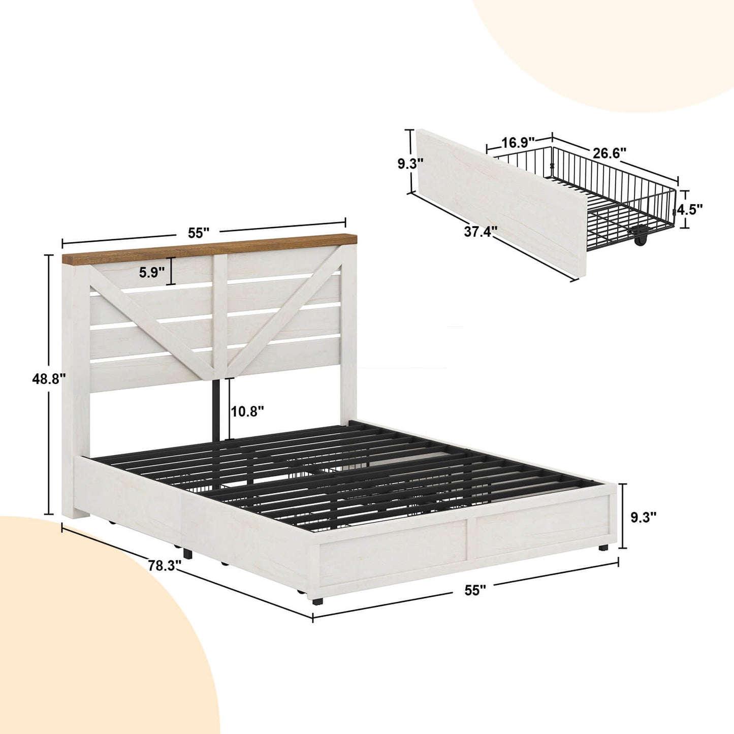 Bandera Bed Frame with 4 Drawers - Distressed White