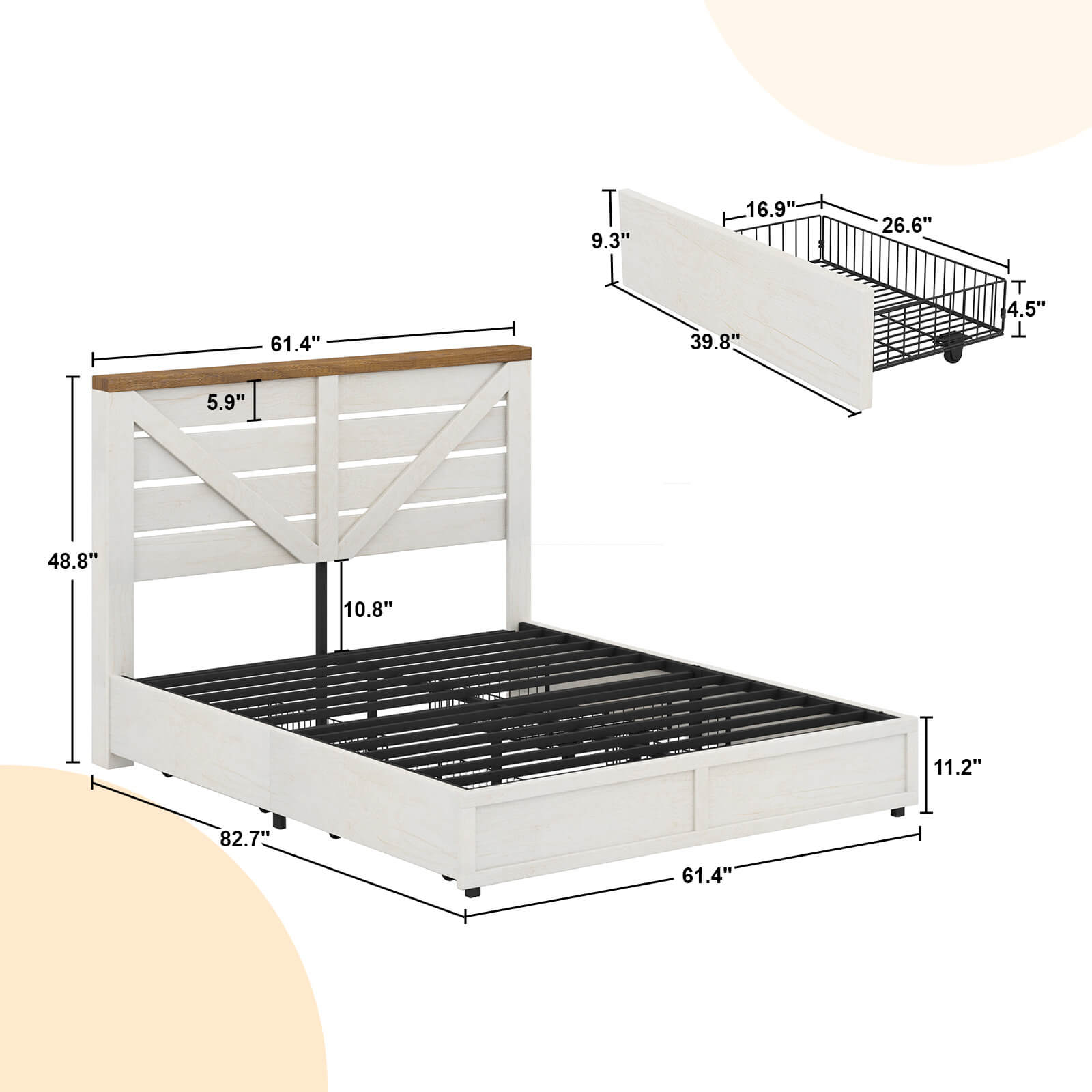 Bandera Bed Frame with 4 Drawers - Distressed White