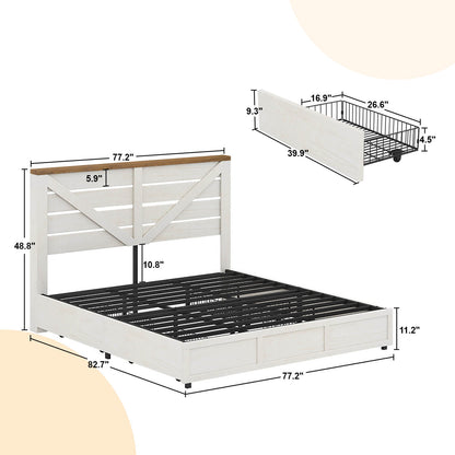 Bandera Bed Frame with 4 Drawers - Distressed White