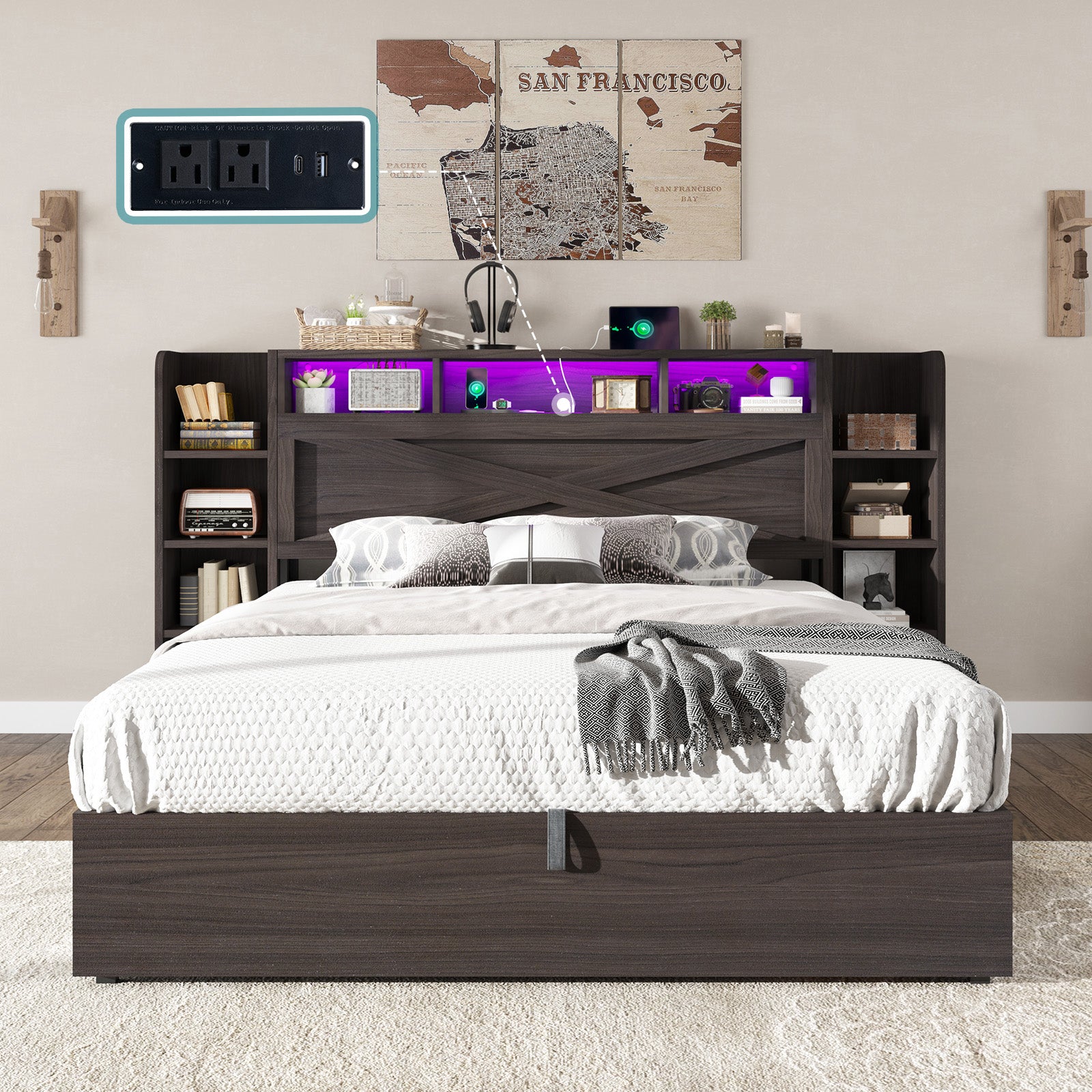 Porter Hydraulic Storage Bed Frame - Full / Dark Oak