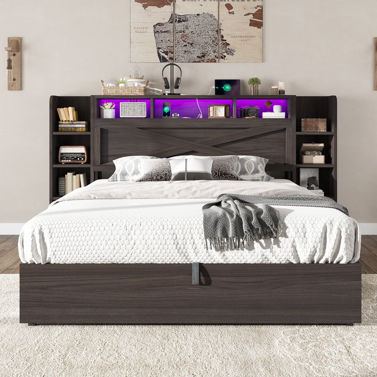 Porter Hydraulic Storage Bed Frame - Full / Dark Oak