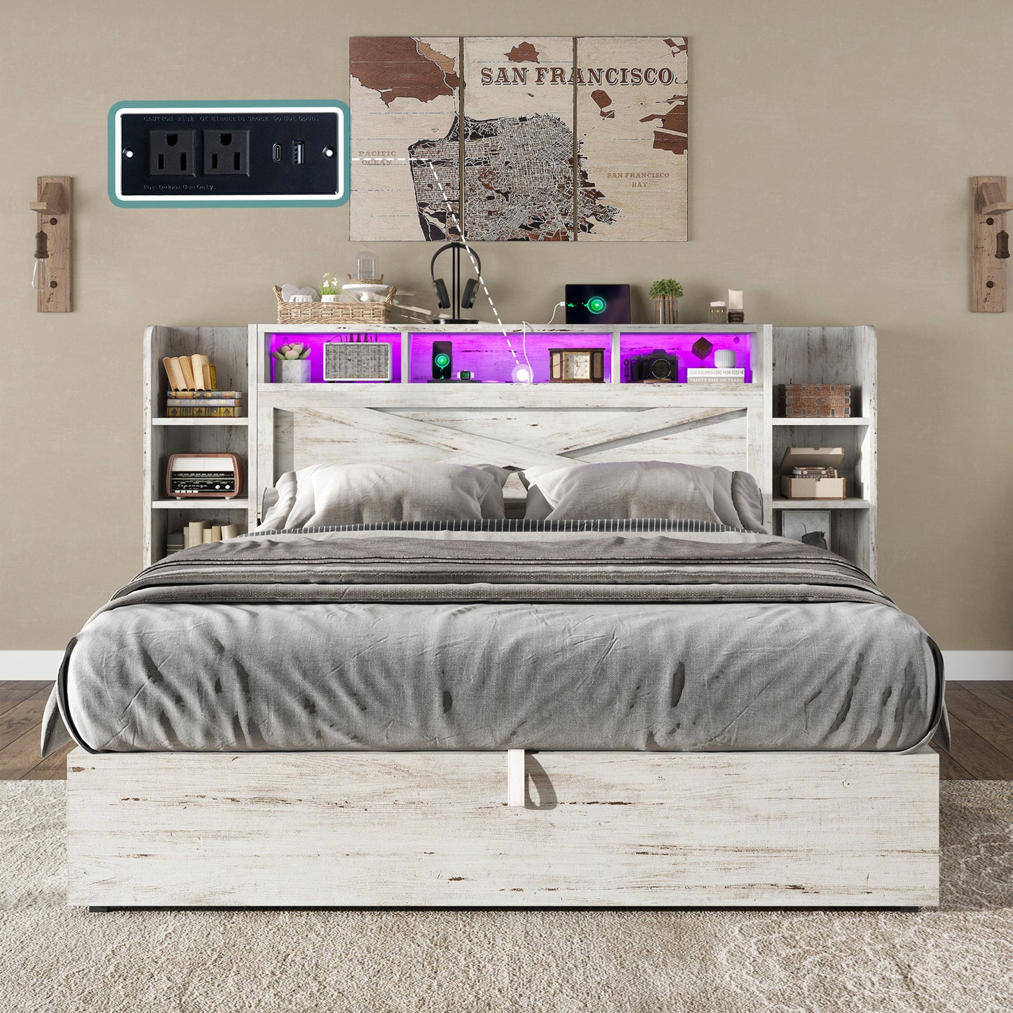 Porter Hydraulic Storage Bed Frame - Queen / White Birch