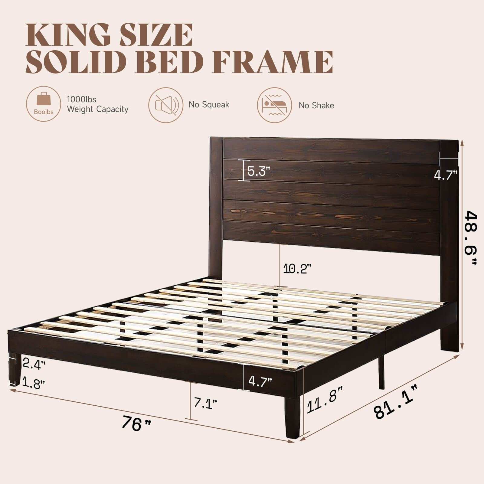 Fremont King Solid Wood Bed Frame -Dark Brown