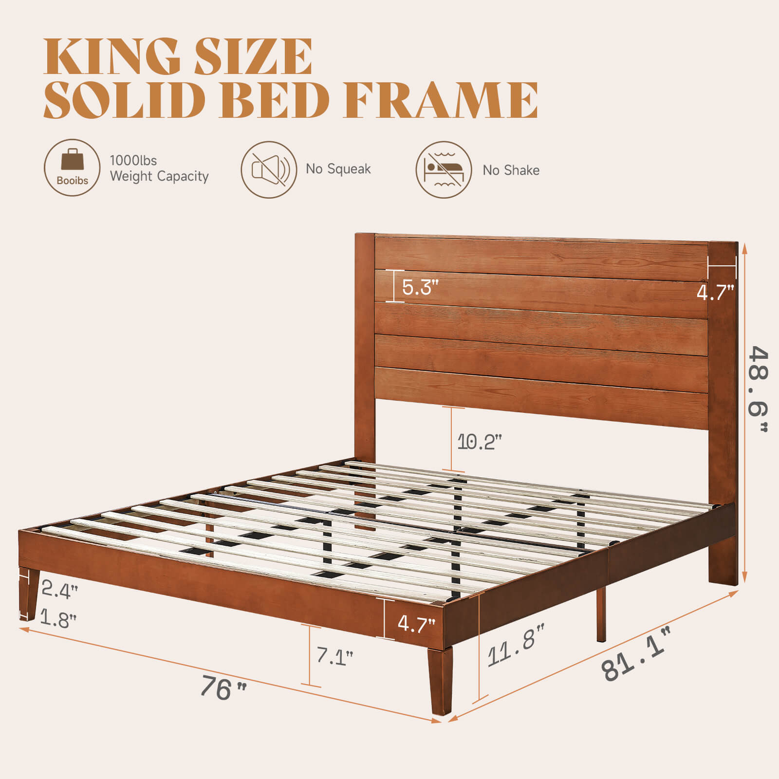 Fremont King Solid Wood Bed Frame -Light Brown