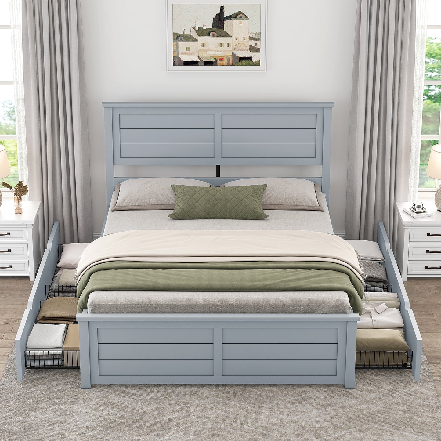 Allerton Solid Wood Storage Bed Frame -Full / Grayish Blue