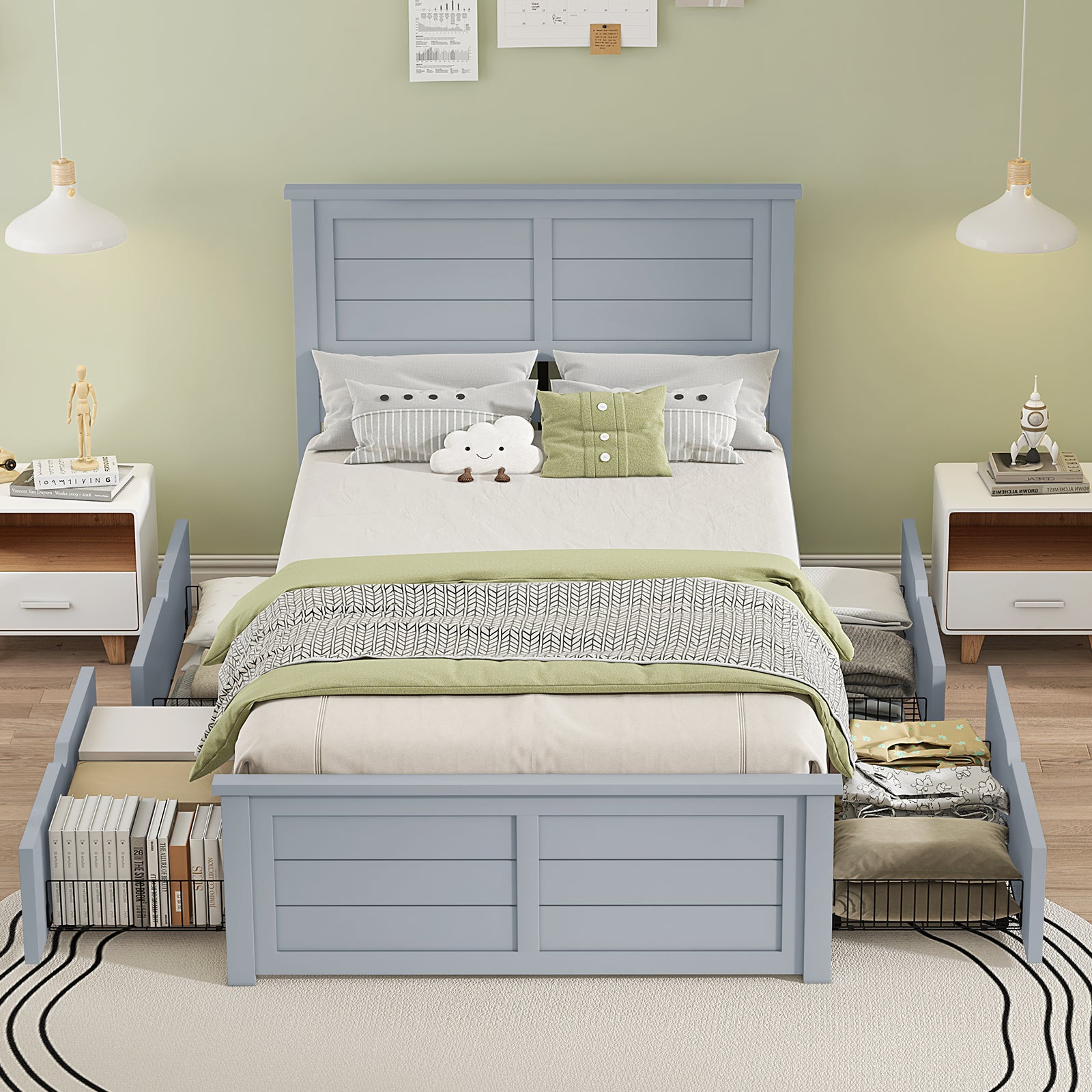 Allerton Solid Wood Storage Bed Frame -Twin / Grayish Blue