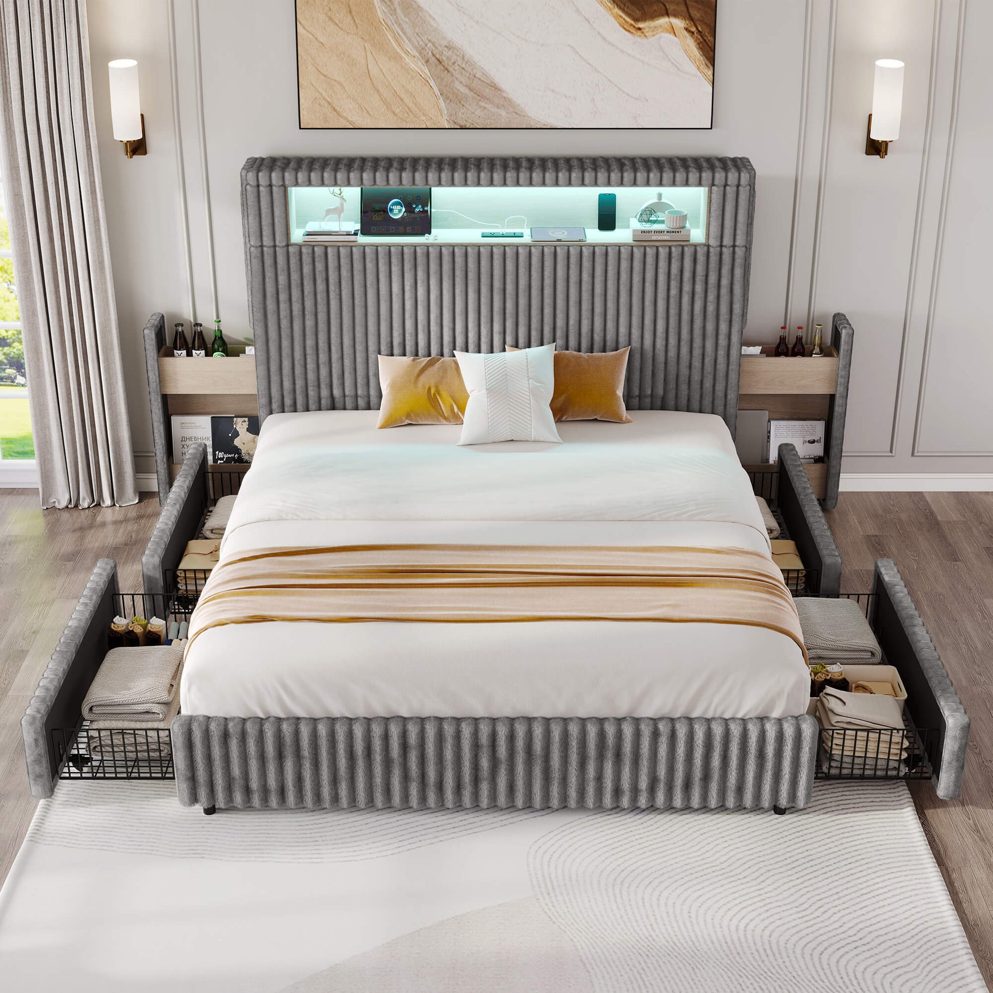 Chic Faux-Fur Storage Bed Frame -Full/Grey