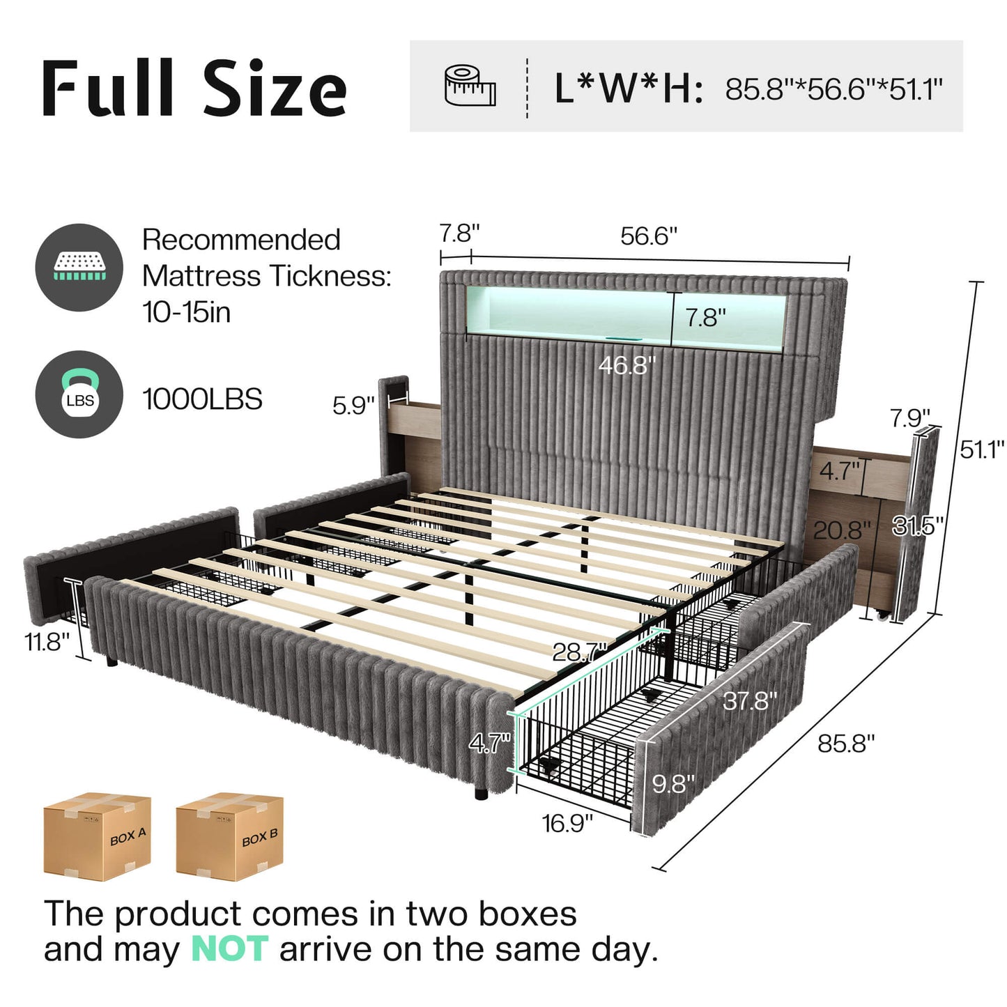 Chic Faux-Fur Storage Bed Frame -Full/Grey