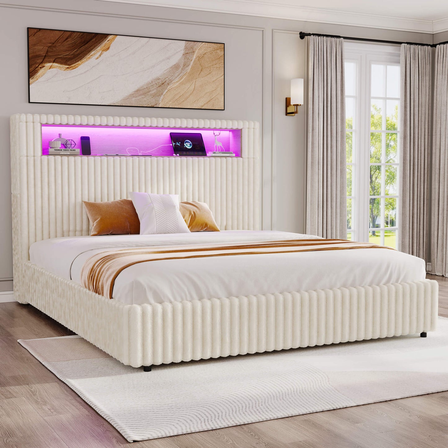 Chic Faux-Fur Storage Bed Frame -Full/White