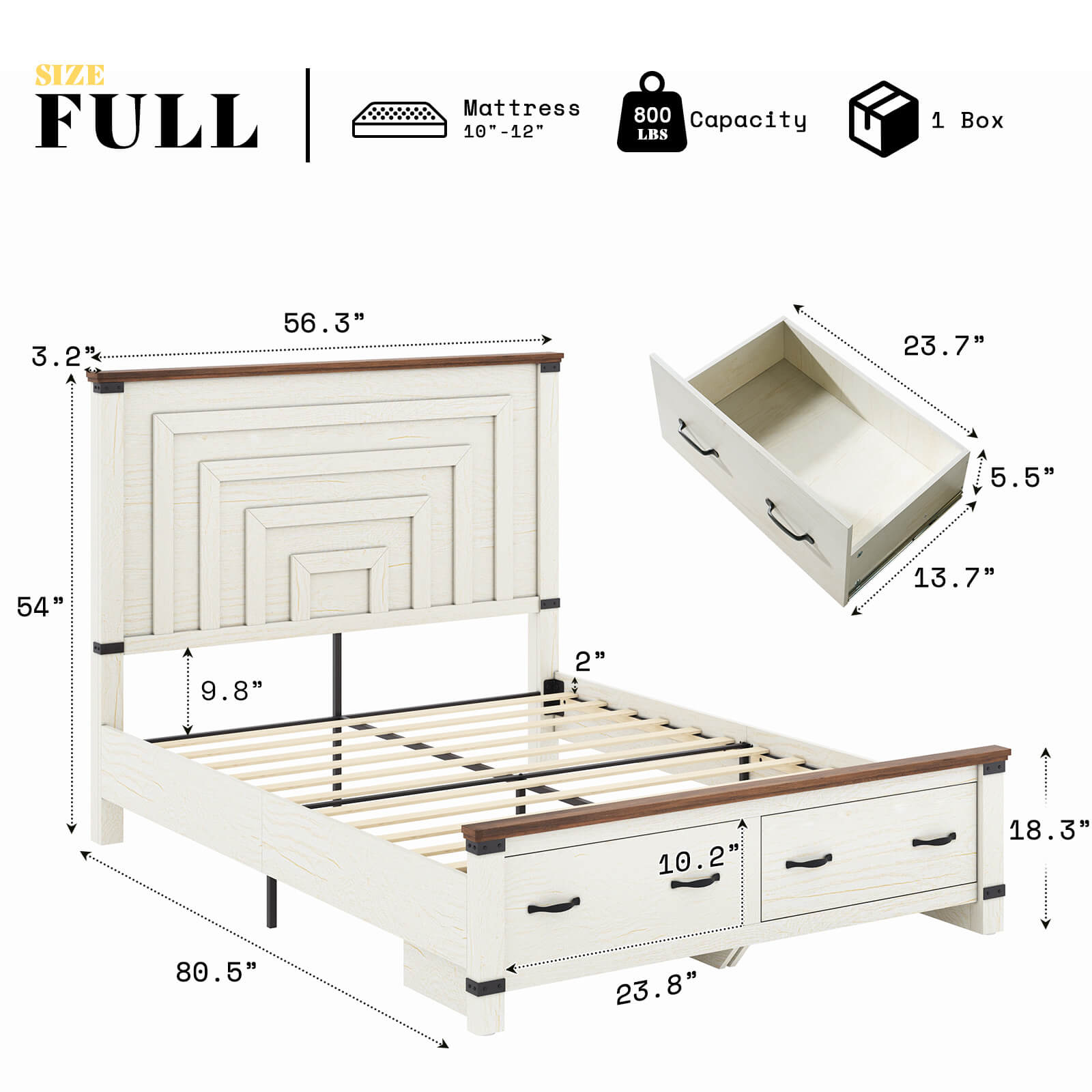 Quin Bed Frame Farmhouse Storage Bed - FullRusticWhite
