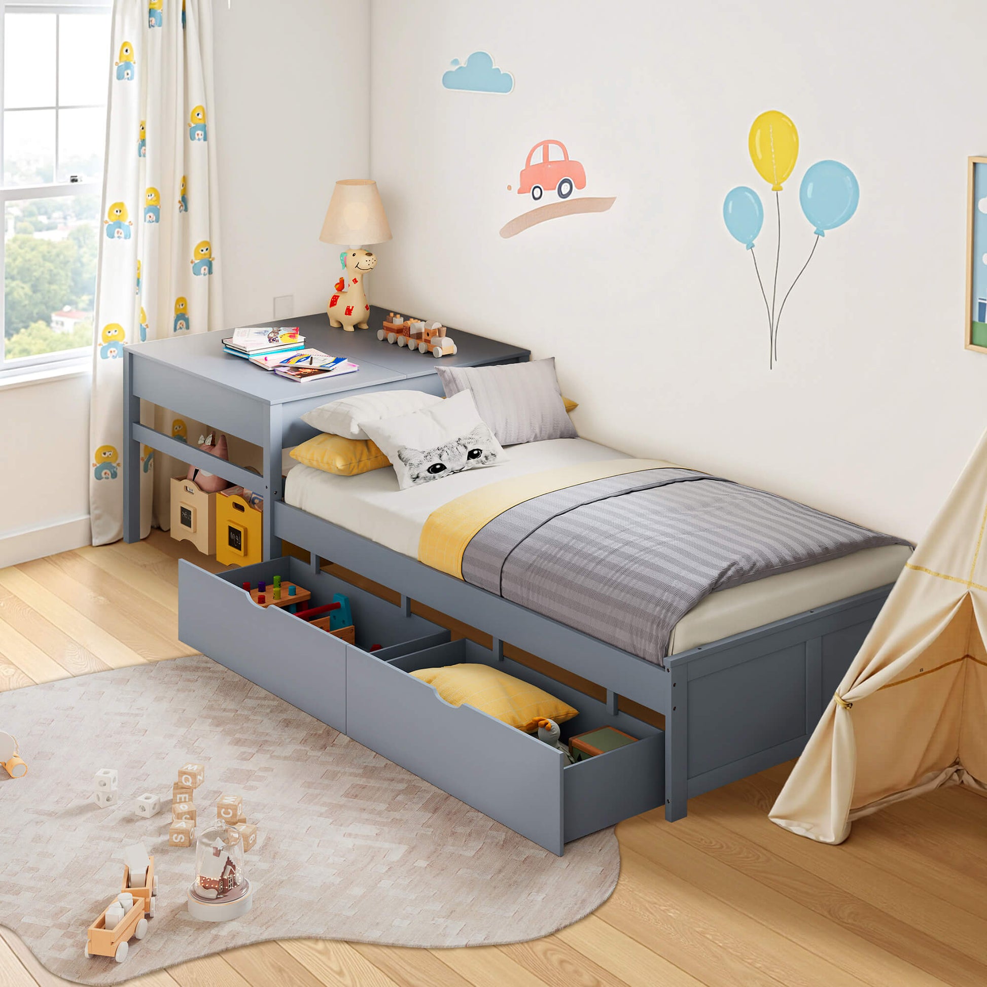 Winglam L-Shaped Twin Trundle Bed Frame -Grey