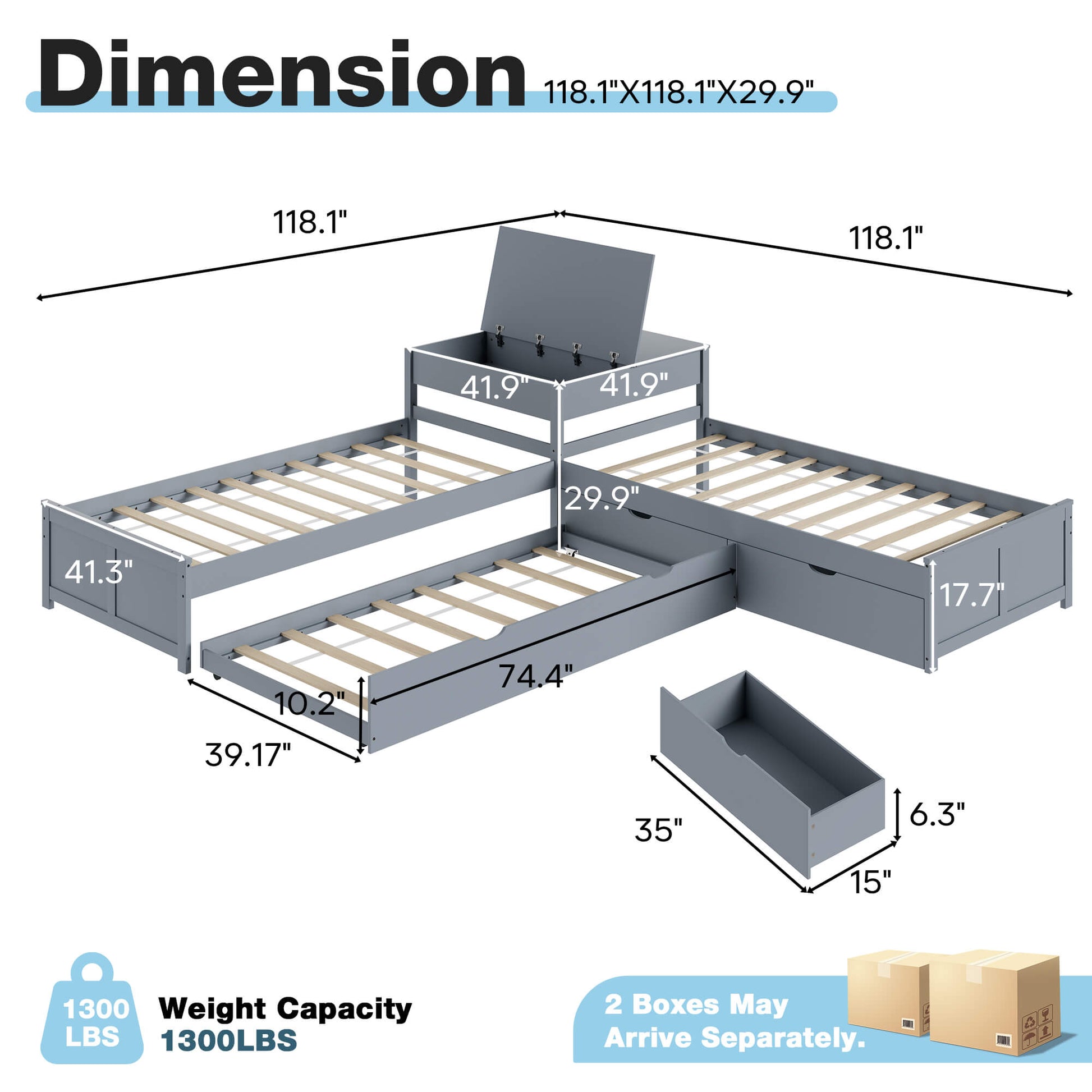 Winglam L-Shaped Twin Trundle Bed Frame -Grey