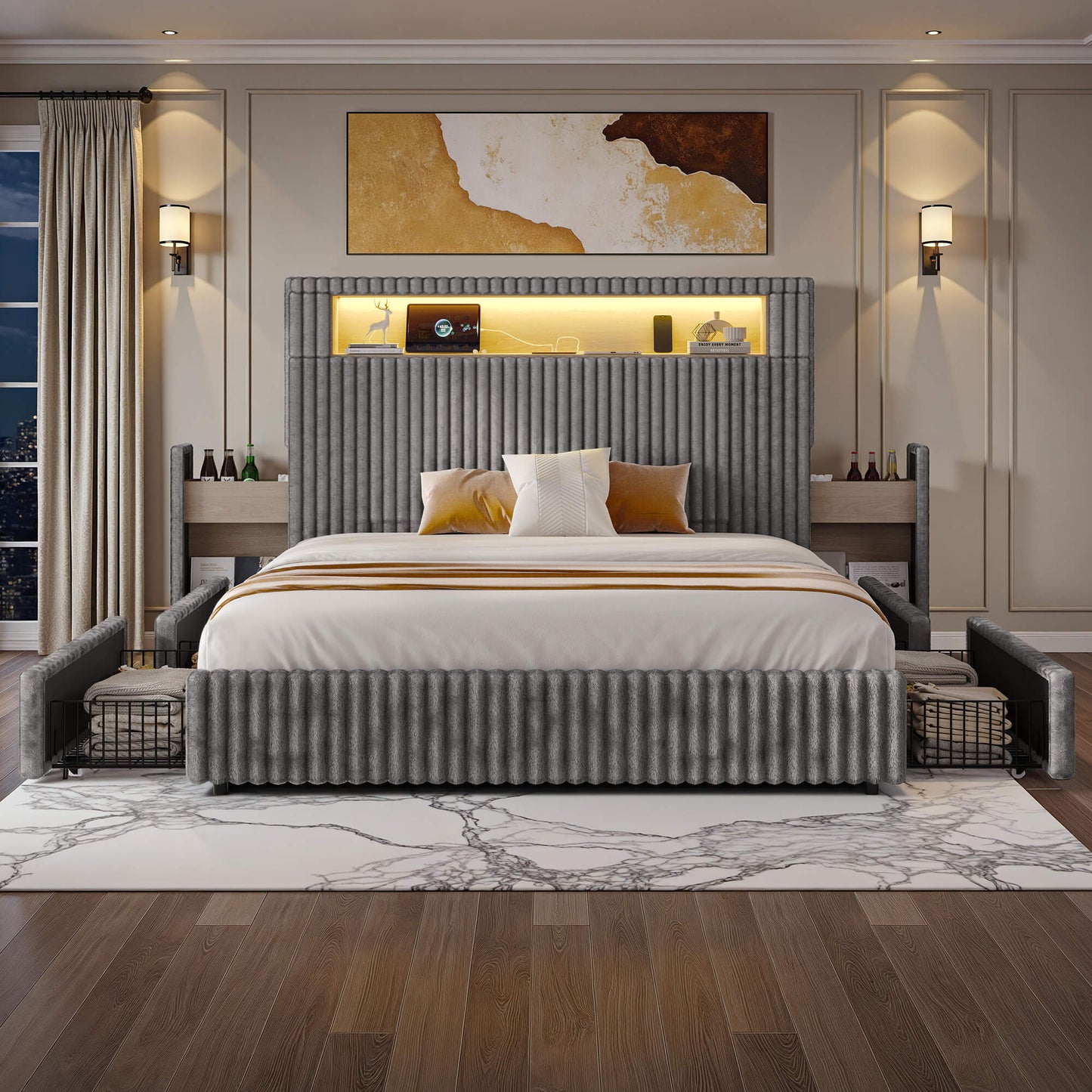 Chic Faux-Fur Storage Bed Frame -King/Grey