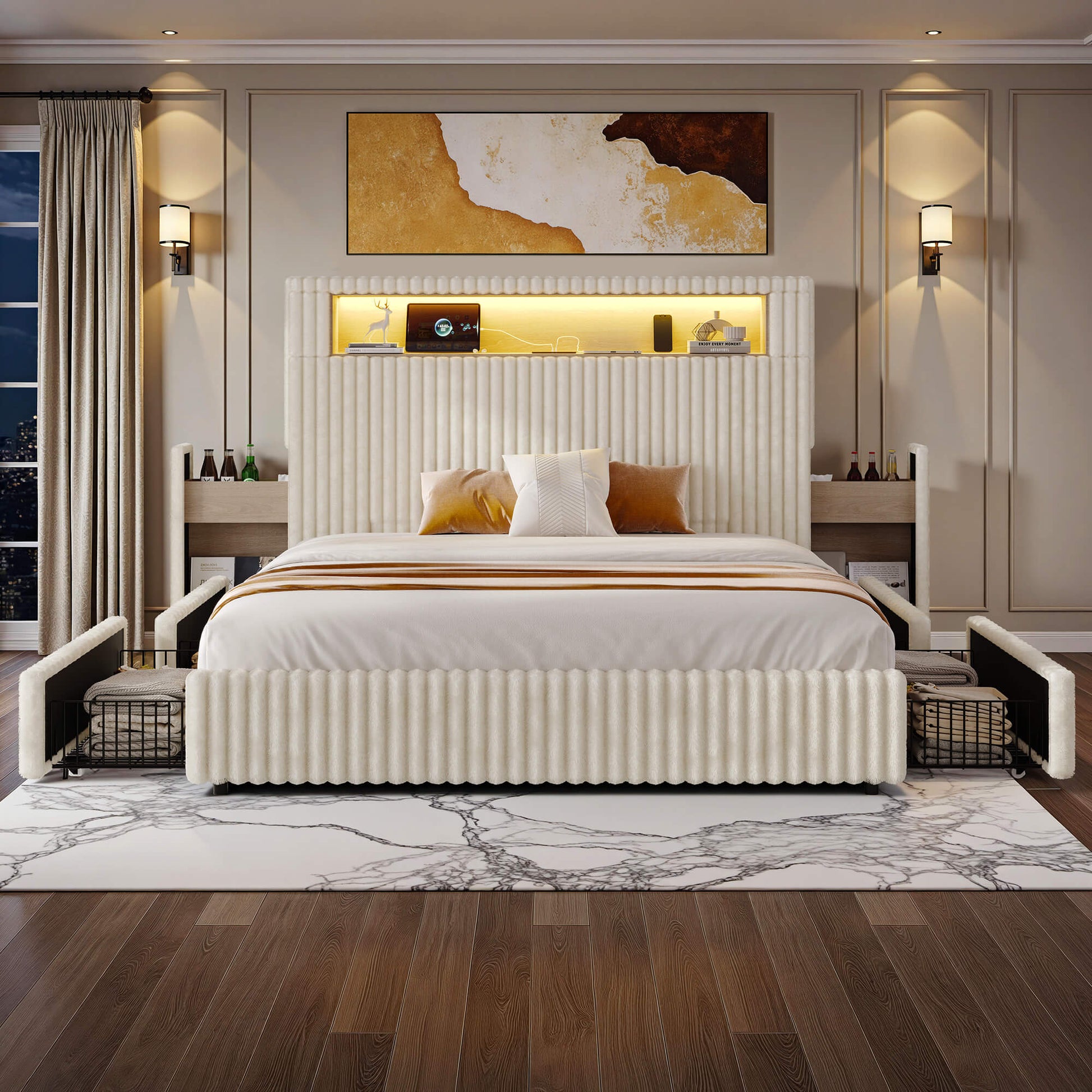 Chic Faux-Fur Storage Bed Frame -King/White