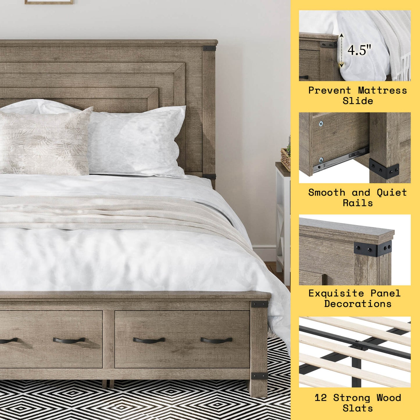 Quin Bed Frame Farmhouse Storage Bed - KingRusticGrey