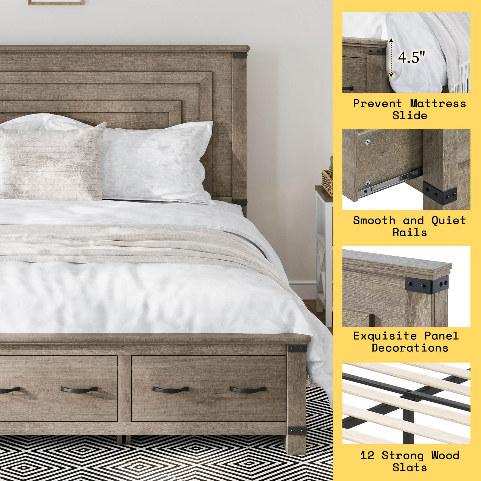 Quin Bed Frame Farmhouse Storage Bed - KingRusticGrey