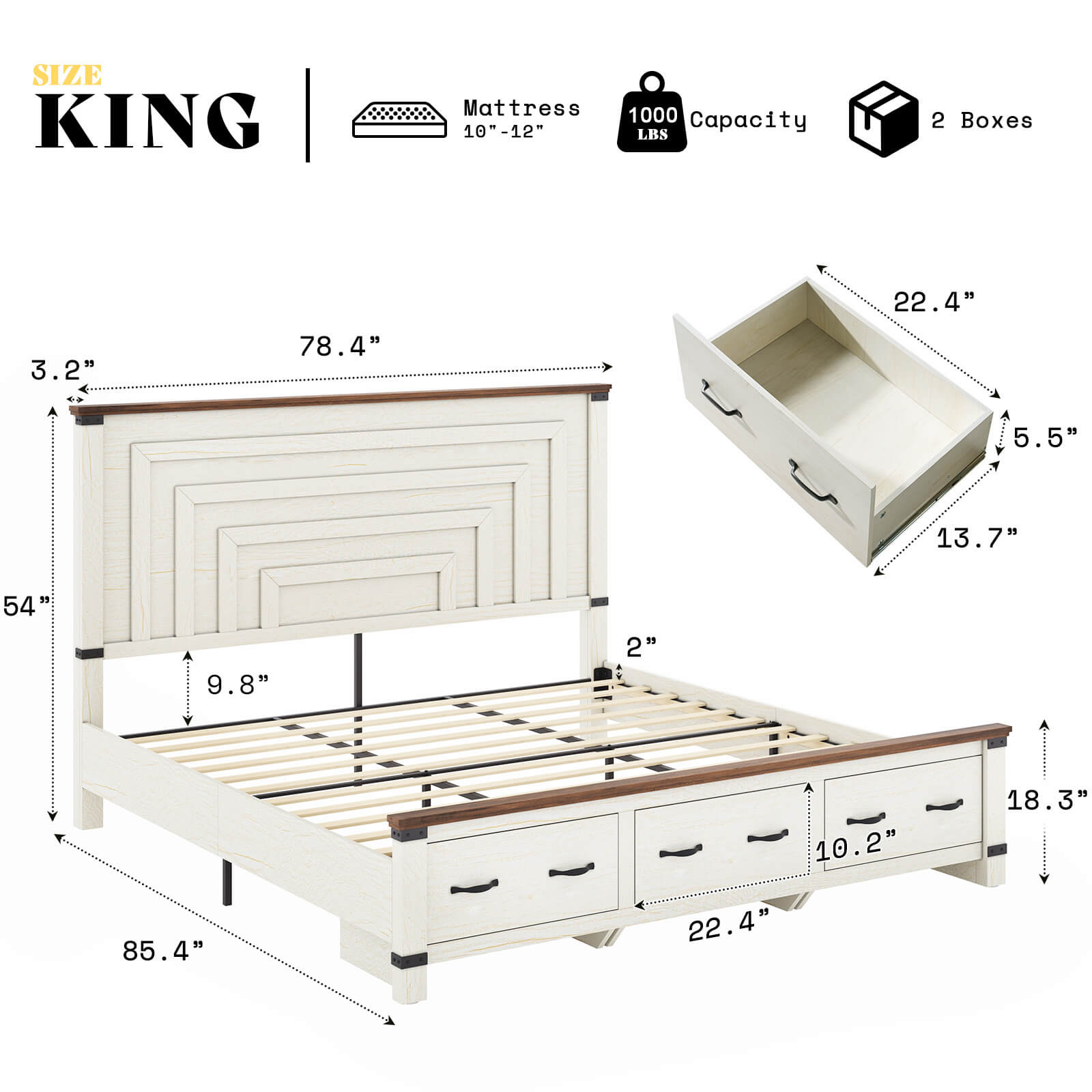 Quin Bed Frame Farmhouse Storage Bed - KingRusticWhite